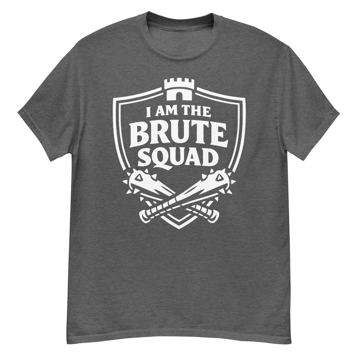 Dark Heather classic T-shirt, front view, featuring the Brute Squad Elite Badge classic tee design