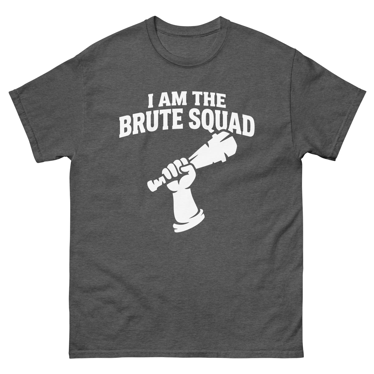 Dark Heather classic T-shirt, front view, featuring the Brute Squad Royal Enforcer classic tee design