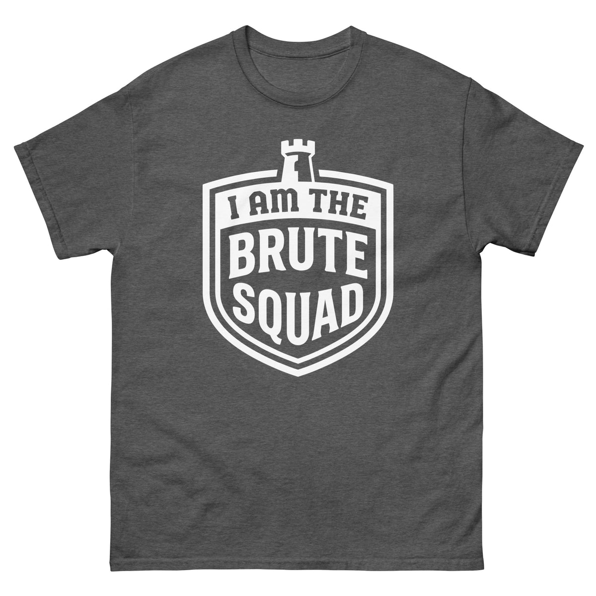 Dark Heather classic T-shirt, front view, featuring the Brute Squad Arena Champion classic tee design