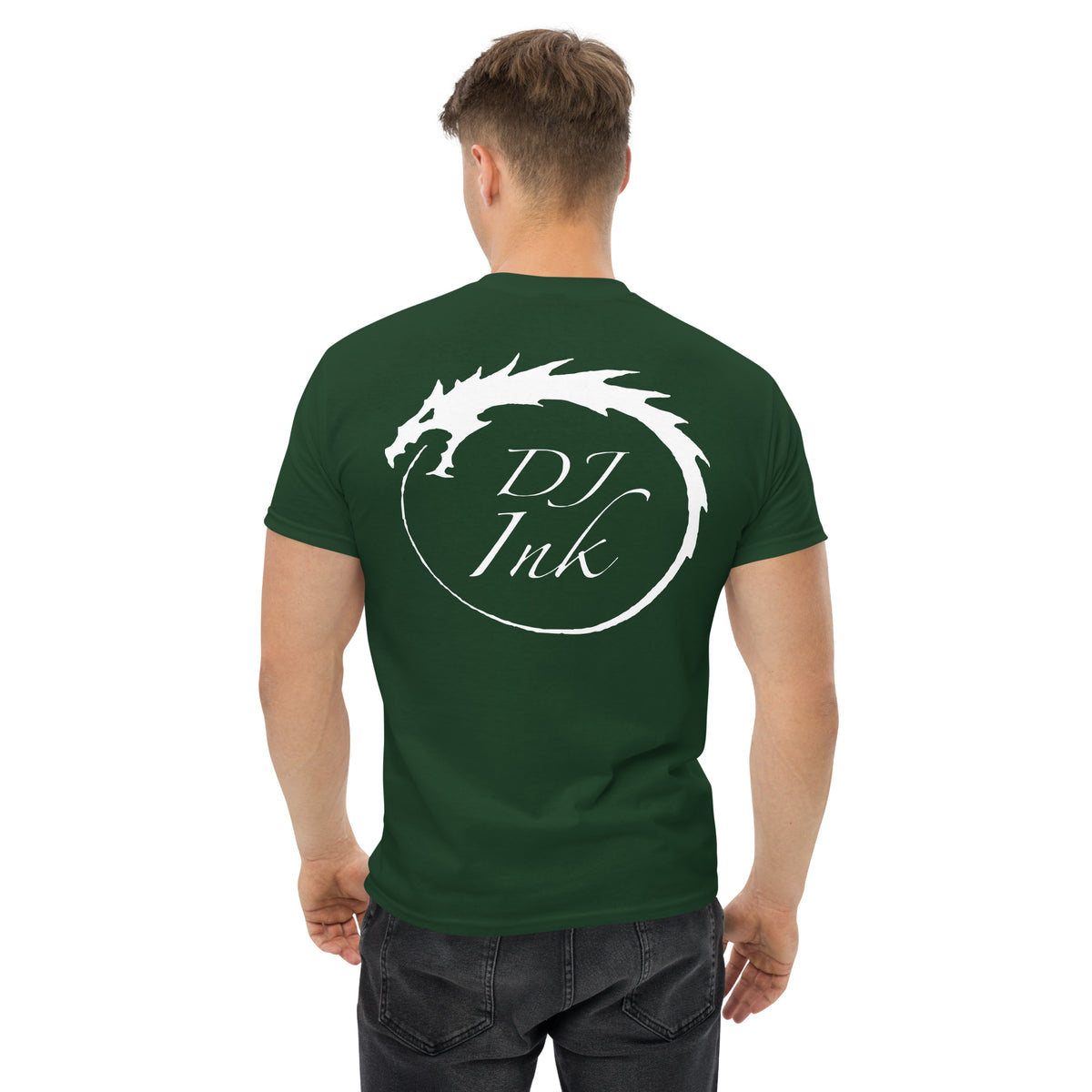 Forest Green classic T-shirt, back view, for the DJ Ink white Ouroboros dragon-circle logo.
