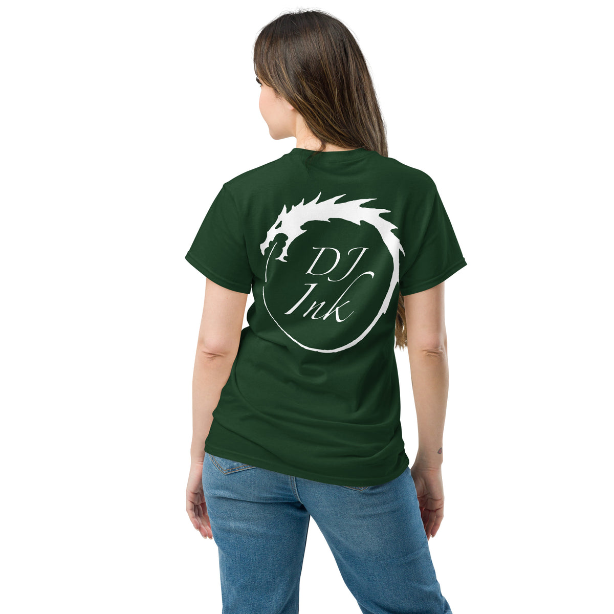 Forest Green classic T-shirt, back view, for the DJ Ink white Ouroboros dragon-circle logo.