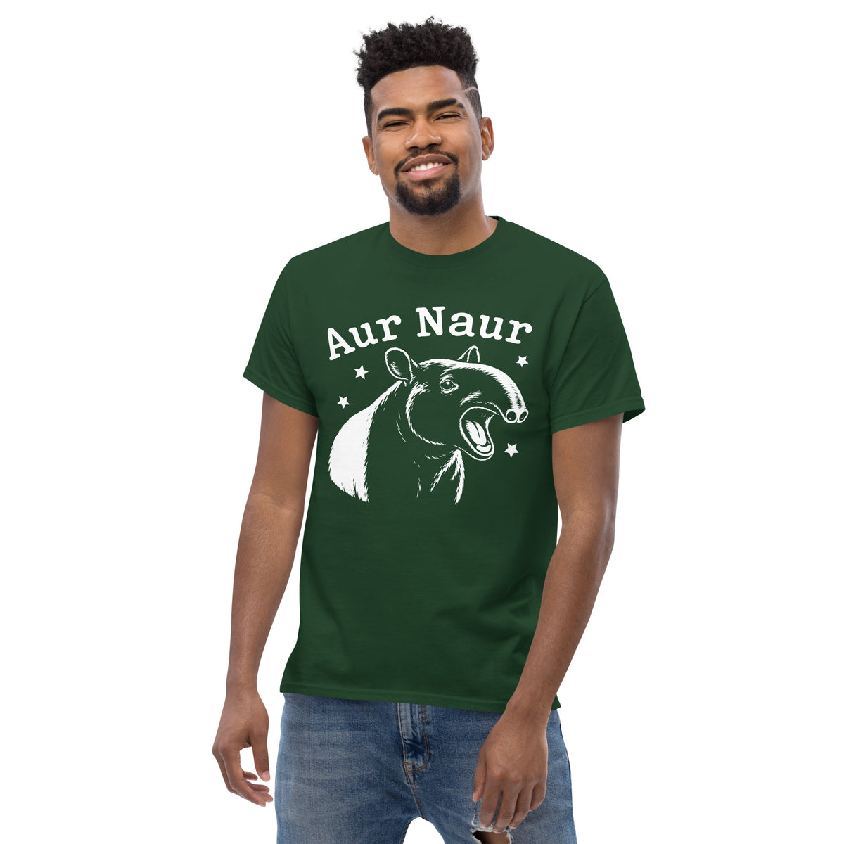Forest Green classic T-shirt, alternate front view, featuring Aur Naur white tapir portrait, stars and lettering.