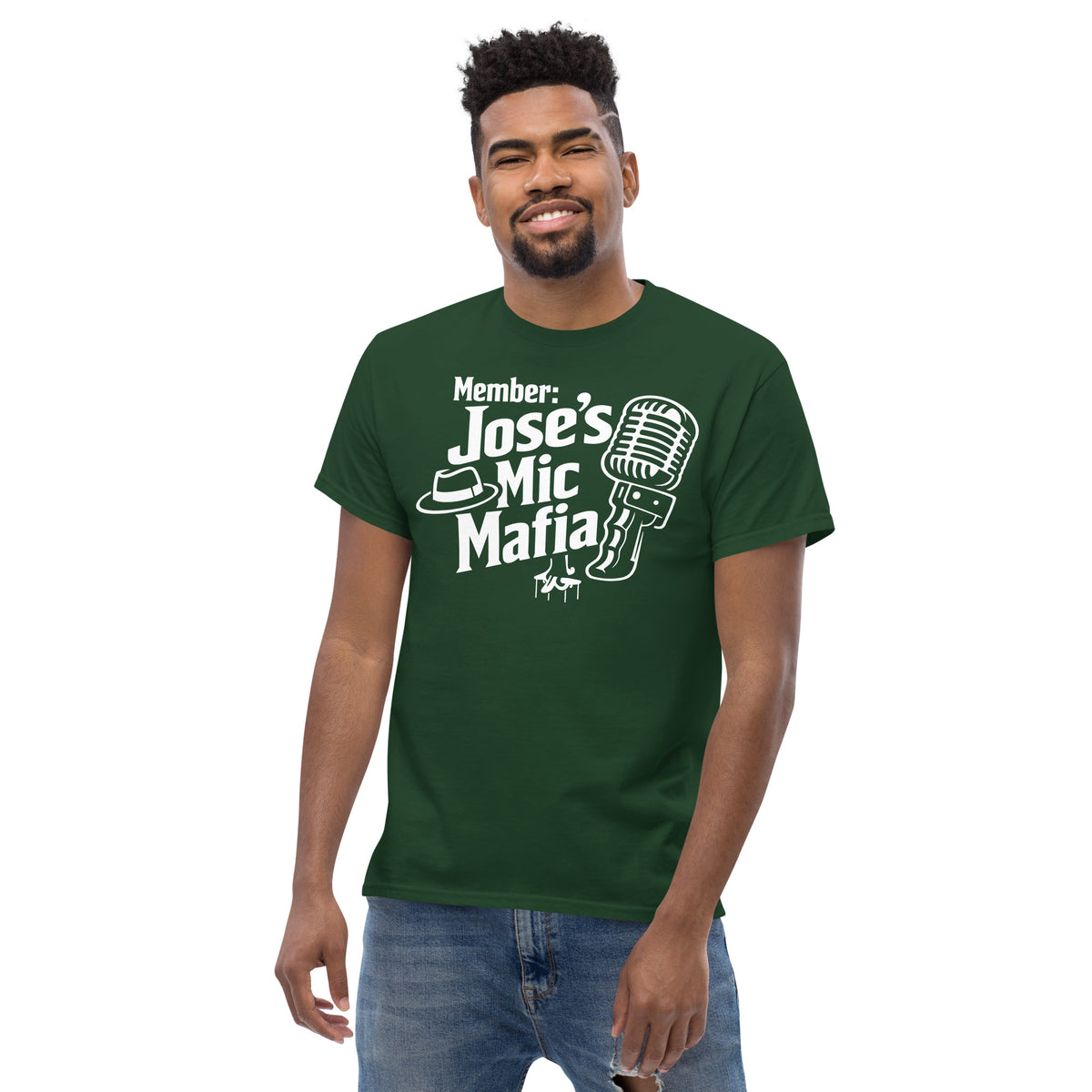 Forest Green classic T-shirt, alternate front view, featuring Jose's Mic Mafia microphone and fedora design.