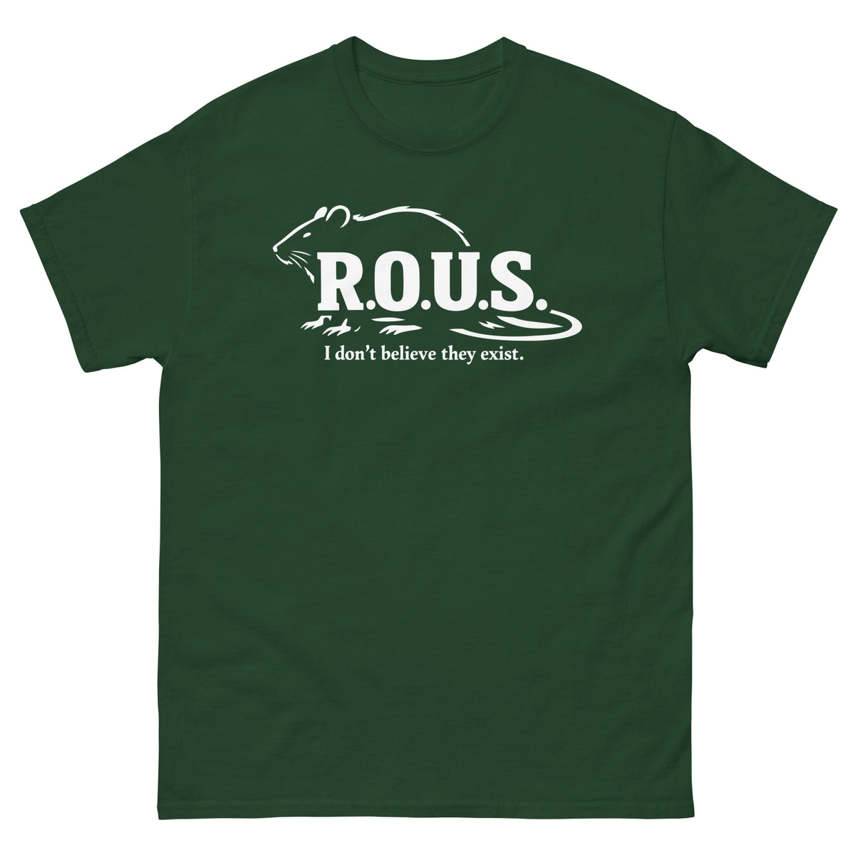Forest Green classic T-shirt, front view, featuring the R.O.U.S. Field Report Graphic T-Shirt design