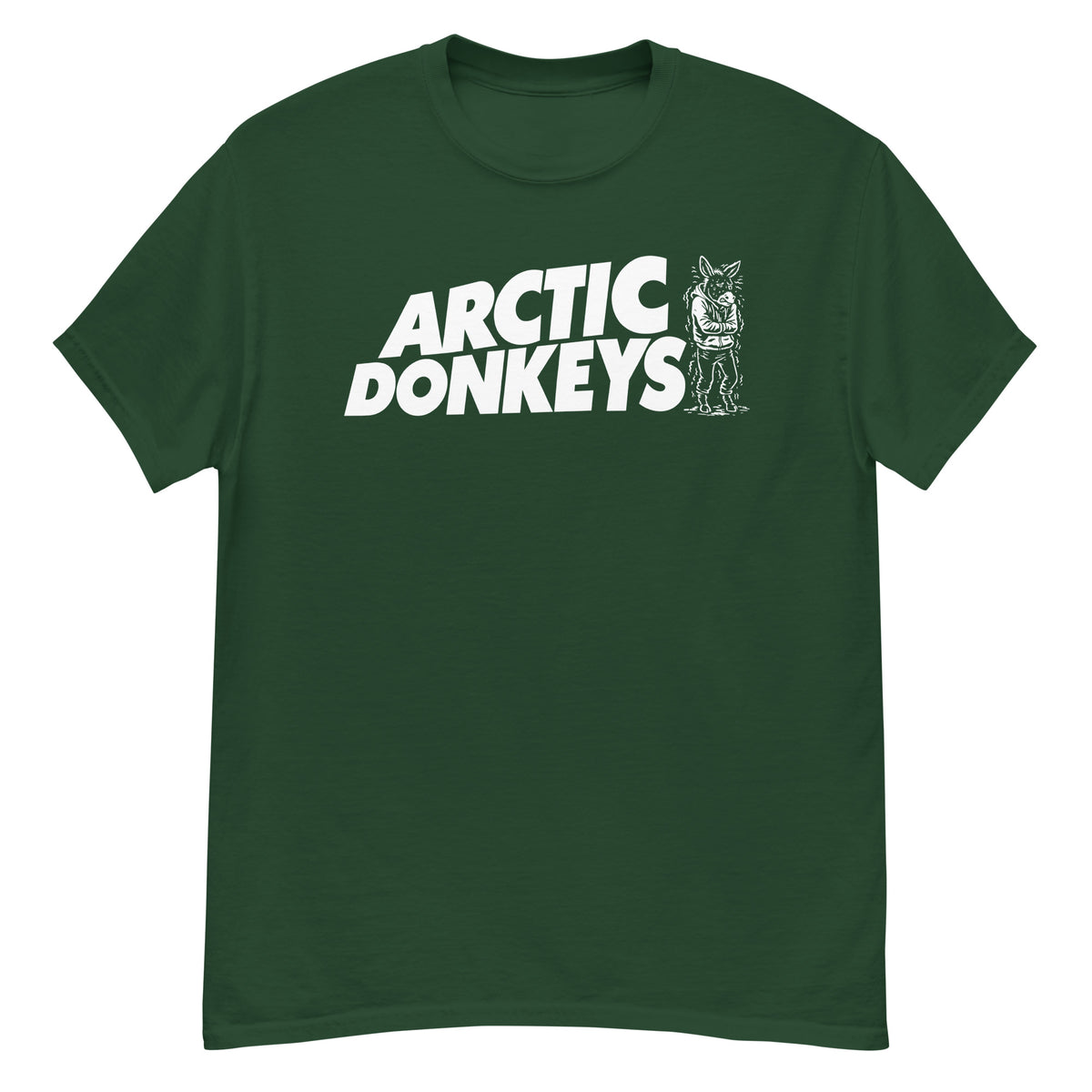 Forest Green classic T-shirt, front view, featuring the Arctic Donkeys design