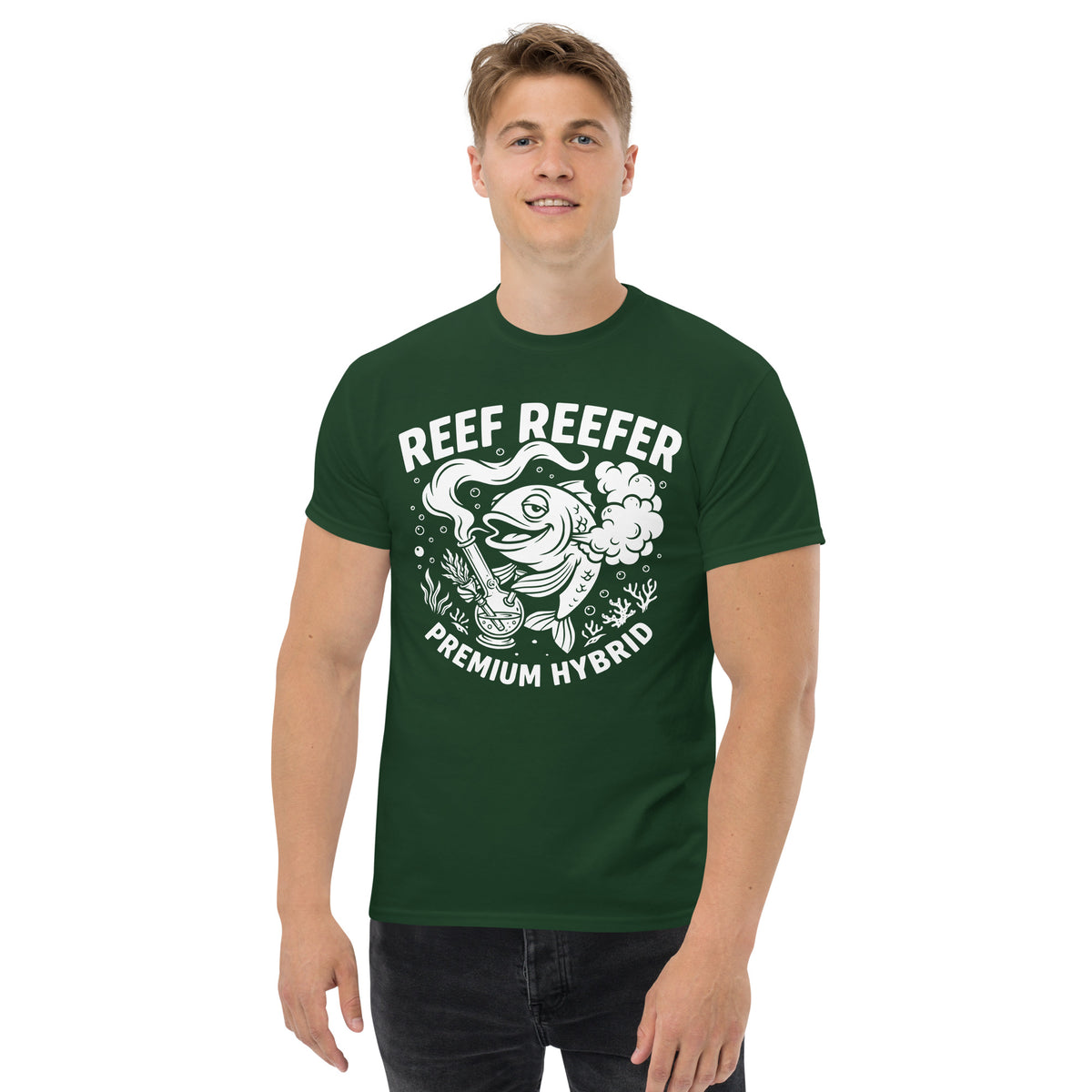 Reef Reefer: Premium Hybrid Unisex Classic T-Shirt, forest green, front view