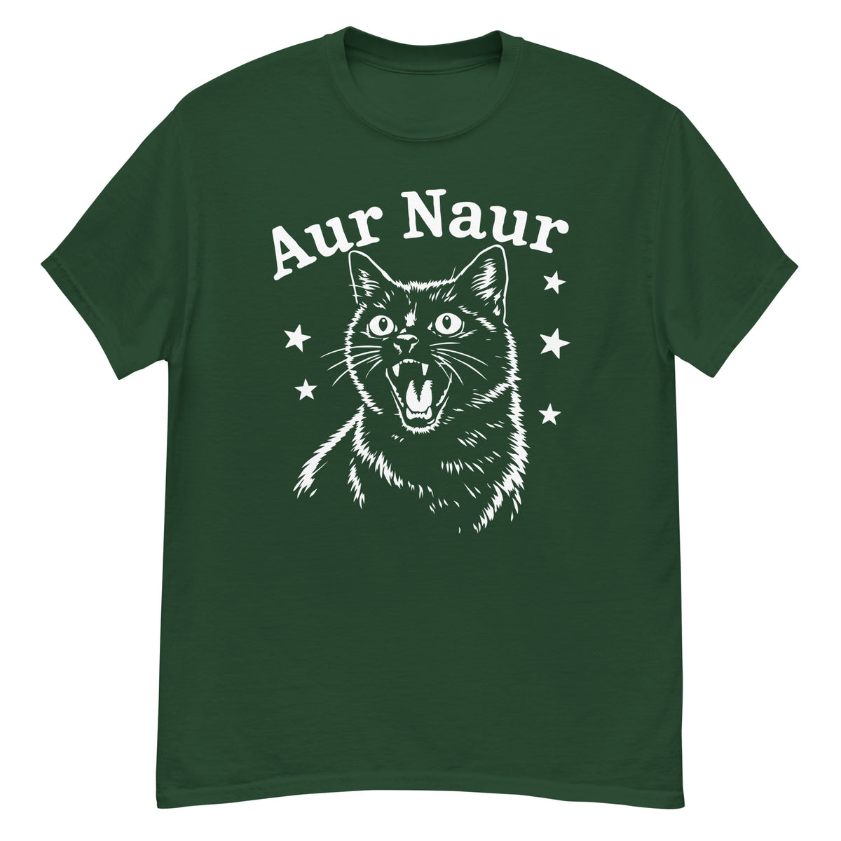 Forest Green classic T-shirt, front view, featuring Aur Naur white cat portrait and music-themed lettering.
