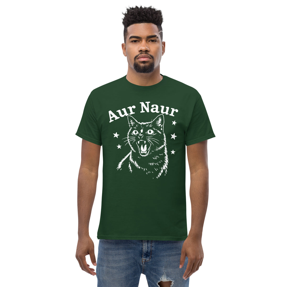 Forest Green classic T-shirt, front view, featuring Aur Naur white cat portrait and music-themed lettering.