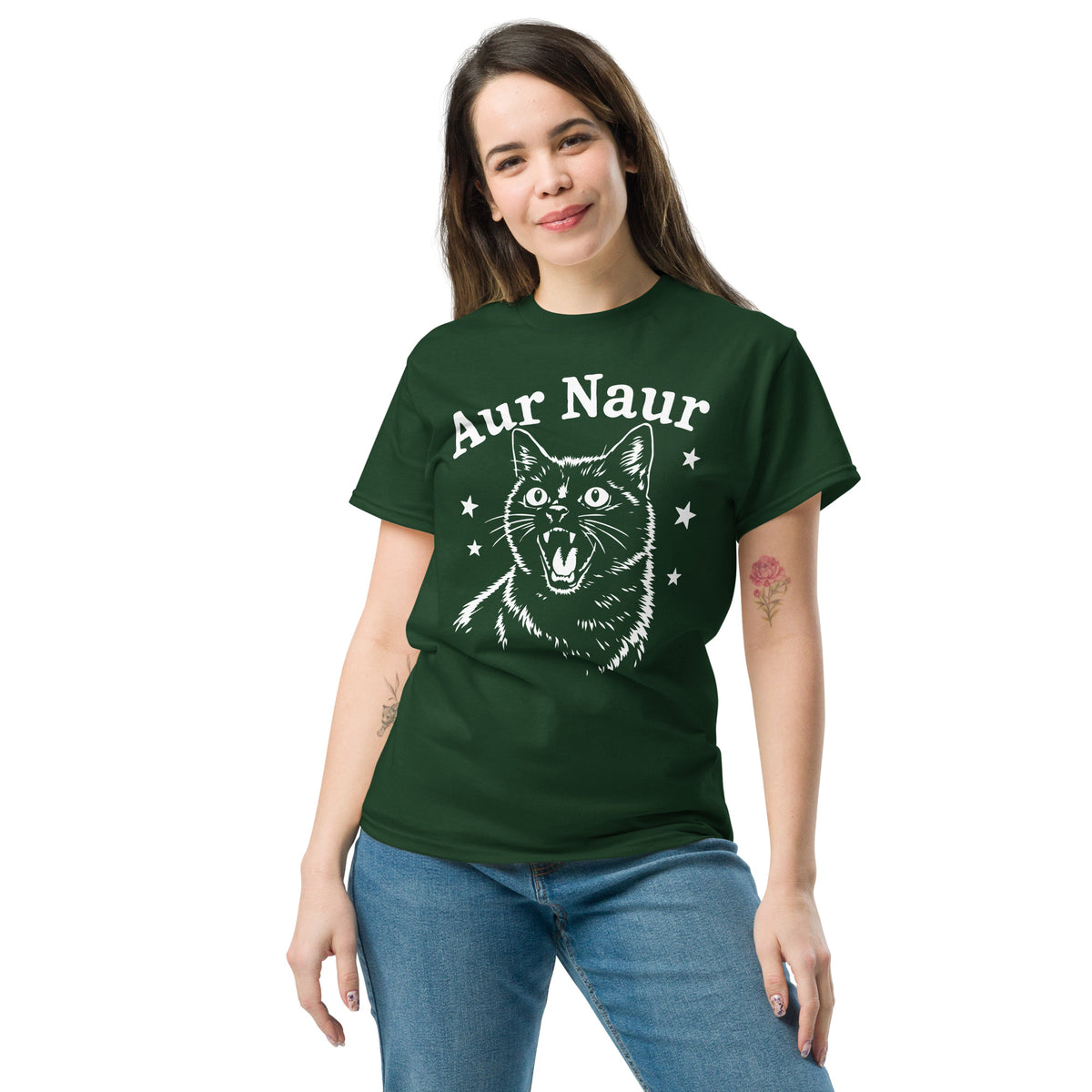 Forest Green classic T-shirt, front view, featuring Aur Naur white cat portrait and music-themed lettering.