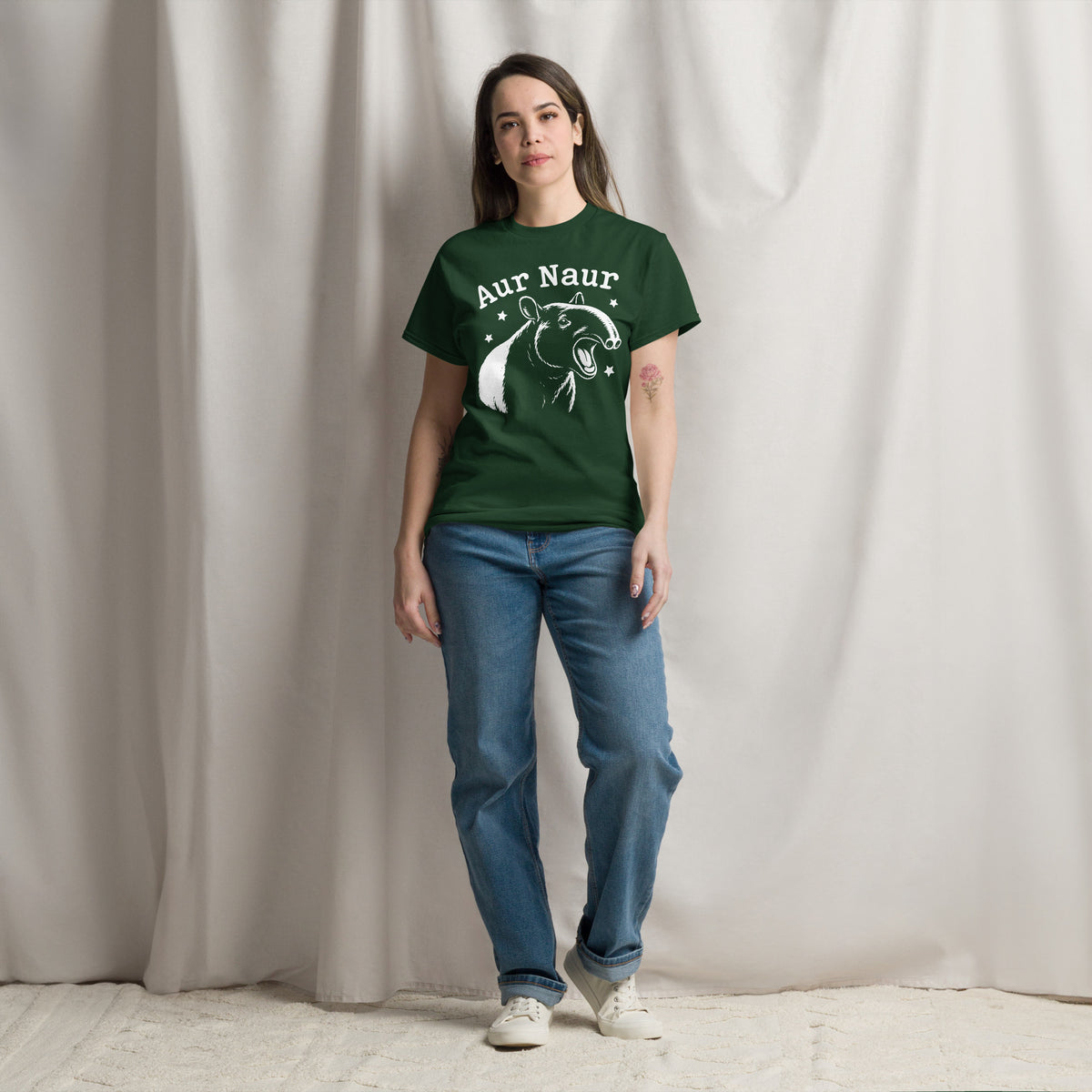 Forest Green classic T-shirt, front view, featuring Aur Naur white tapir portrait, stars and lettering.