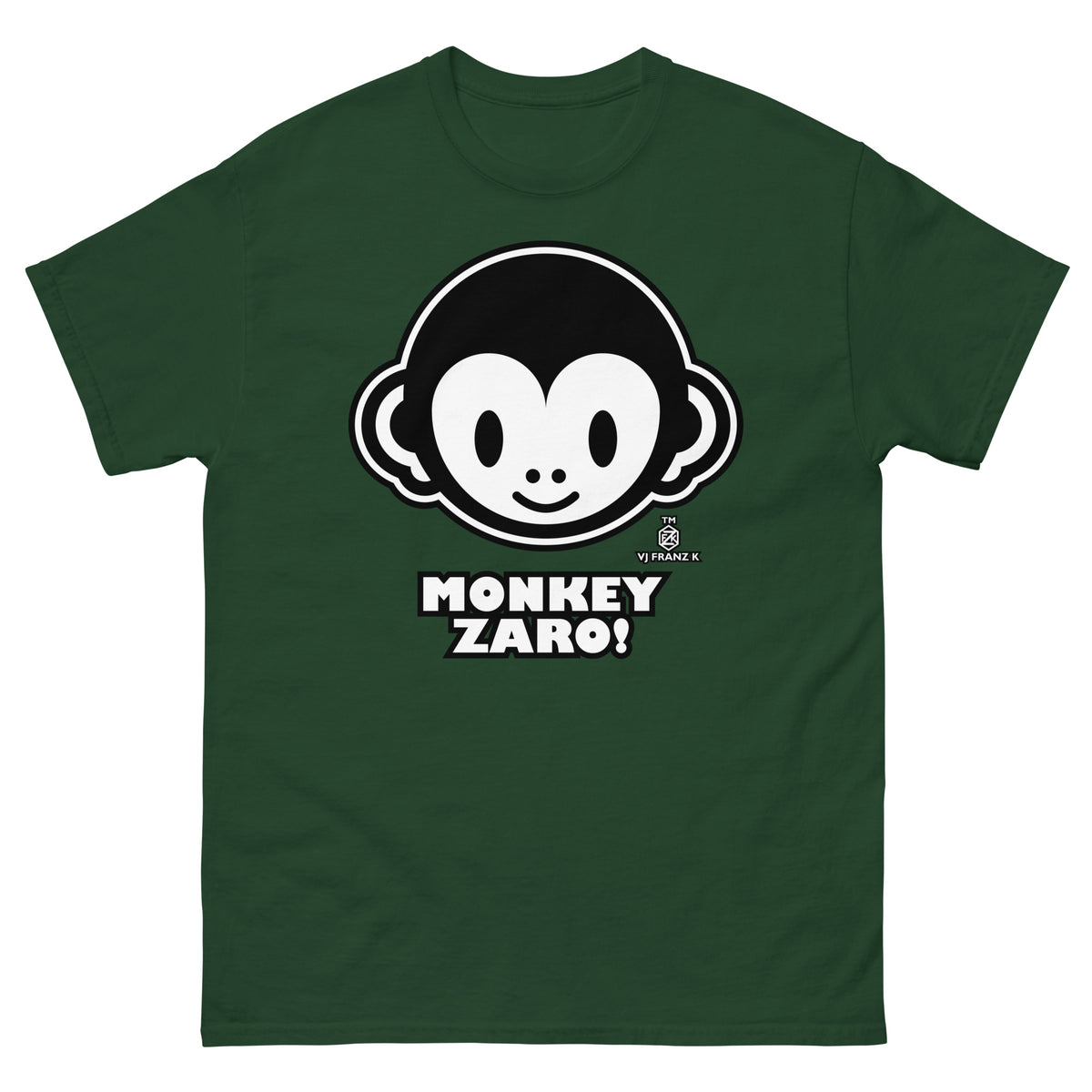 Forest Green classic T-shirt, front view, featuring Monkey Zaro! white cartoon monkey face and lettering.