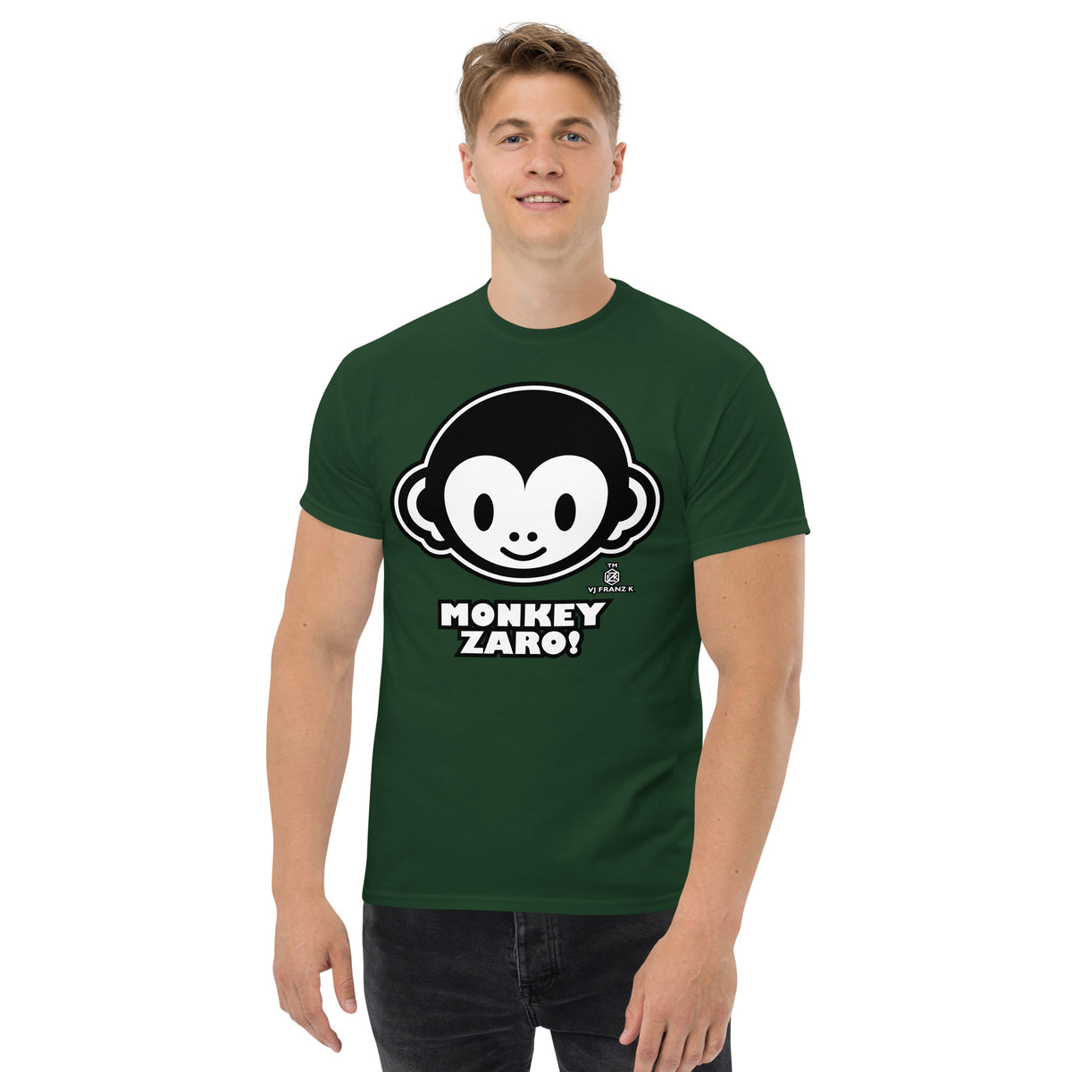 Forest Green classic T-shirt, front view, featuring Monkey Zaro! white cartoon monkey face and lettering.