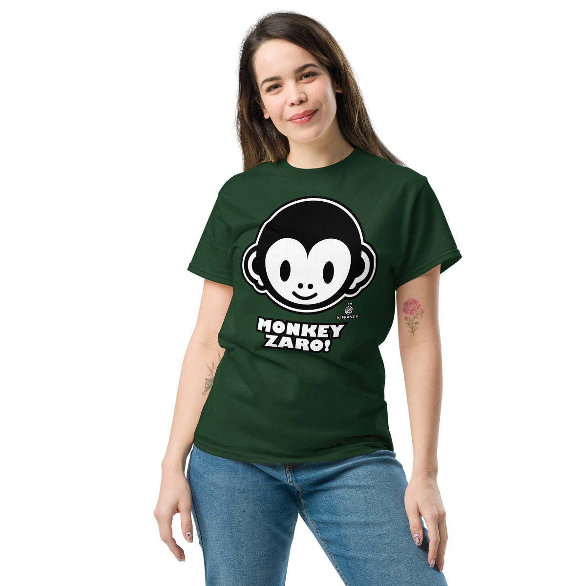 Forest Green classic T-shirt, front view, featuring Monkey Zaro! white cartoon monkey face and lettering.