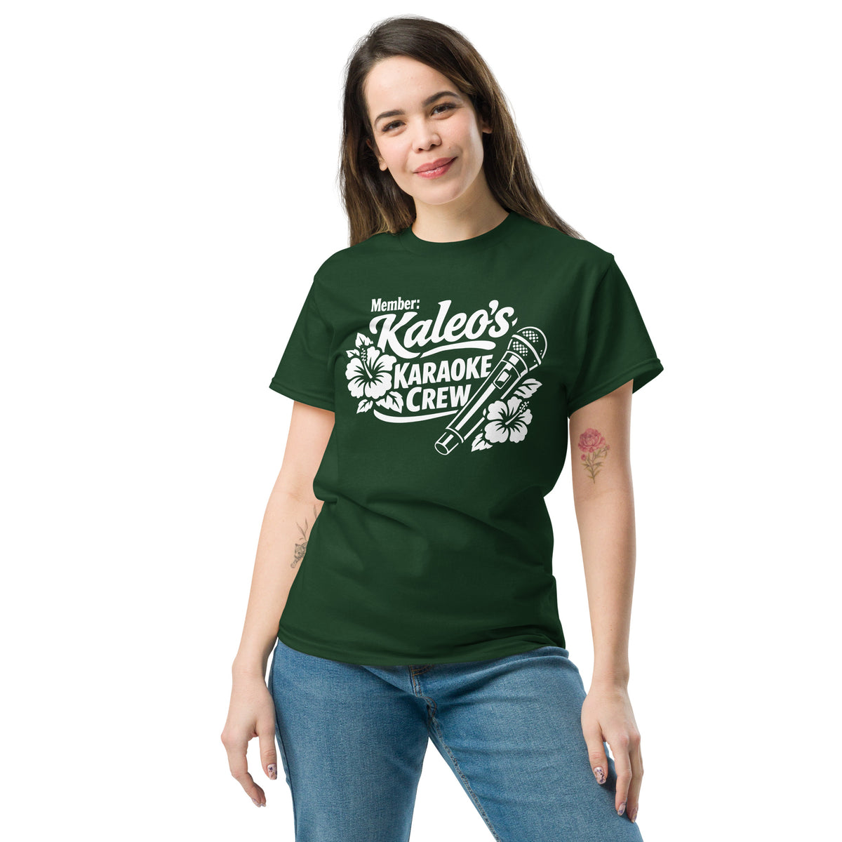 Forest Green classic T-shirt, front view, featuring Kaleo's Karaoke Crew lettering, microphone, and hibiscus flowers.