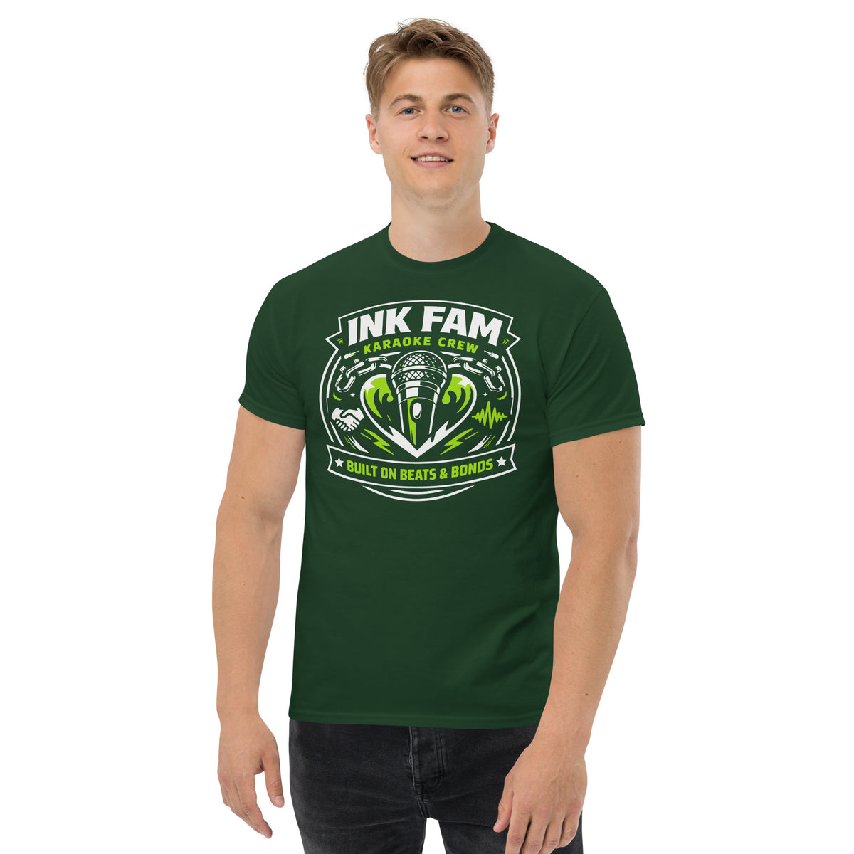 Forest Green classic T-shirt, front view, featuring DJ Ink Beats & Bonds shield with a microphone and green-and-white lettering.