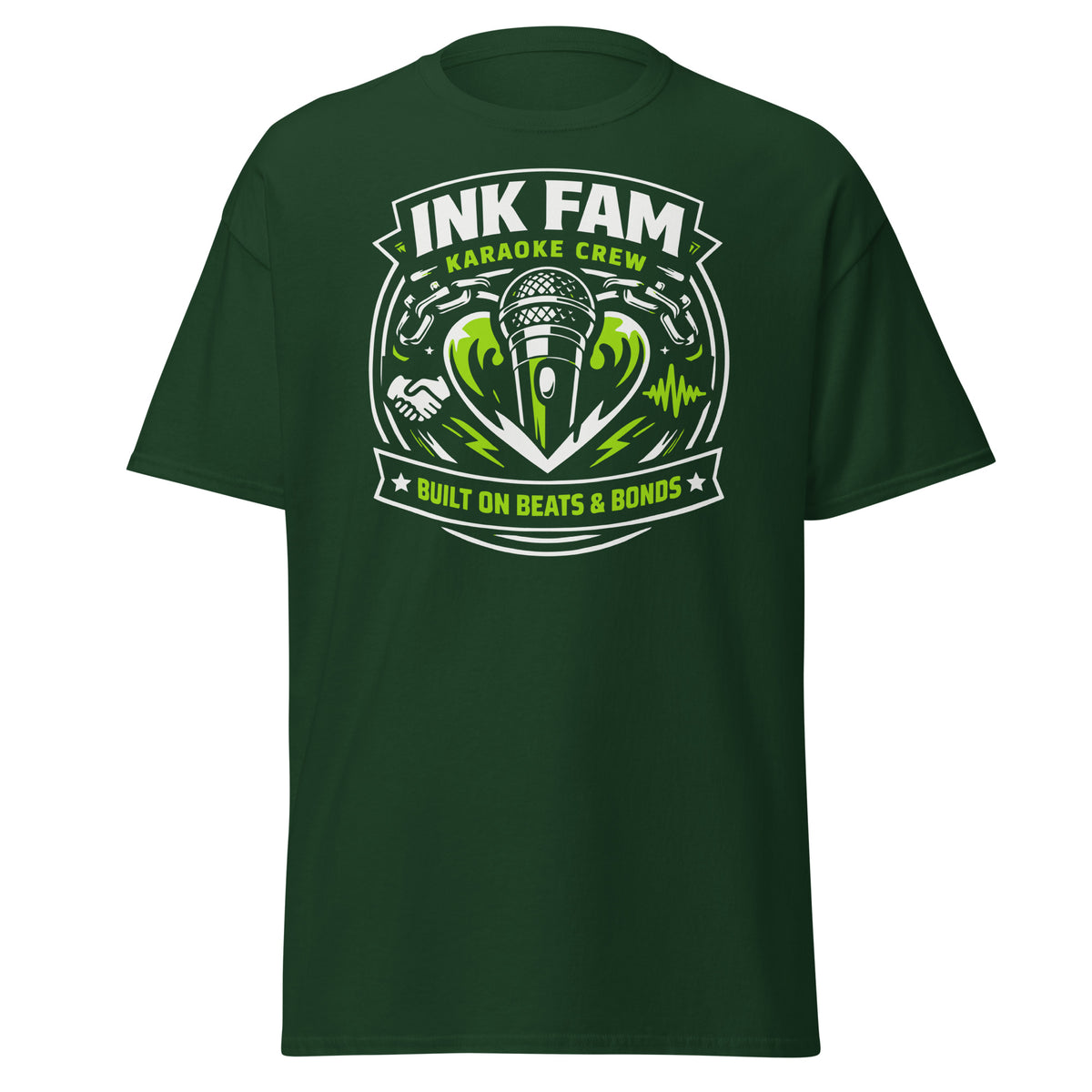 Forest Green classic T-shirt, front view, featuring DJ Ink Beats & Bonds shield with a microphone and green-and-white lettering.