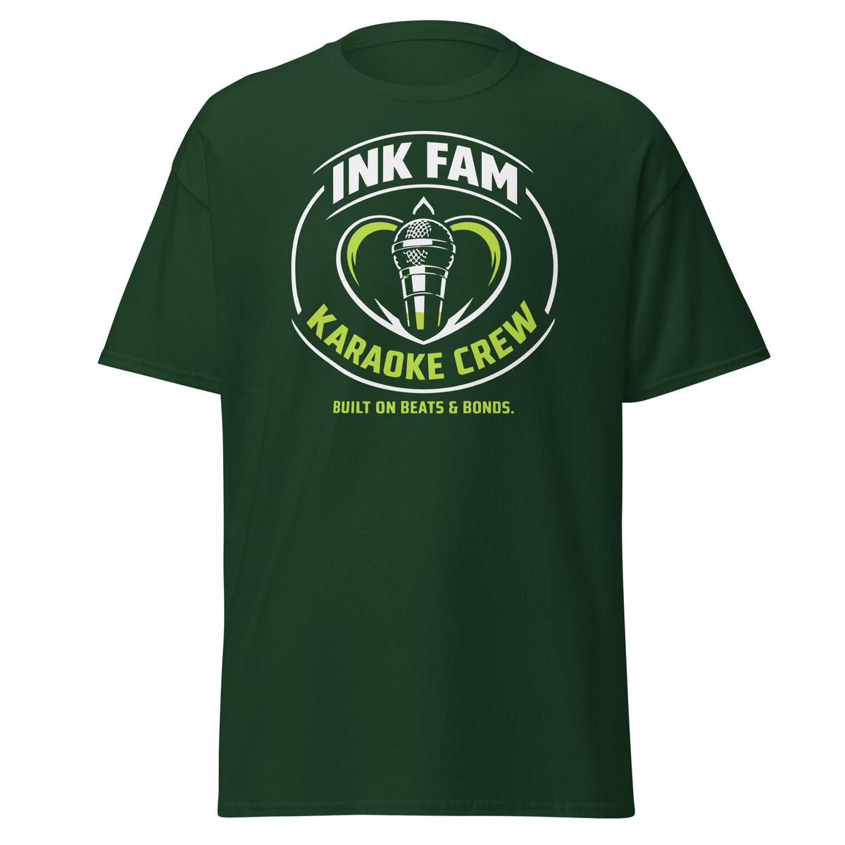 Forest Green classic T-shirt, front view, featuring DJ Ink Fam green-and-white circular microphone badge.