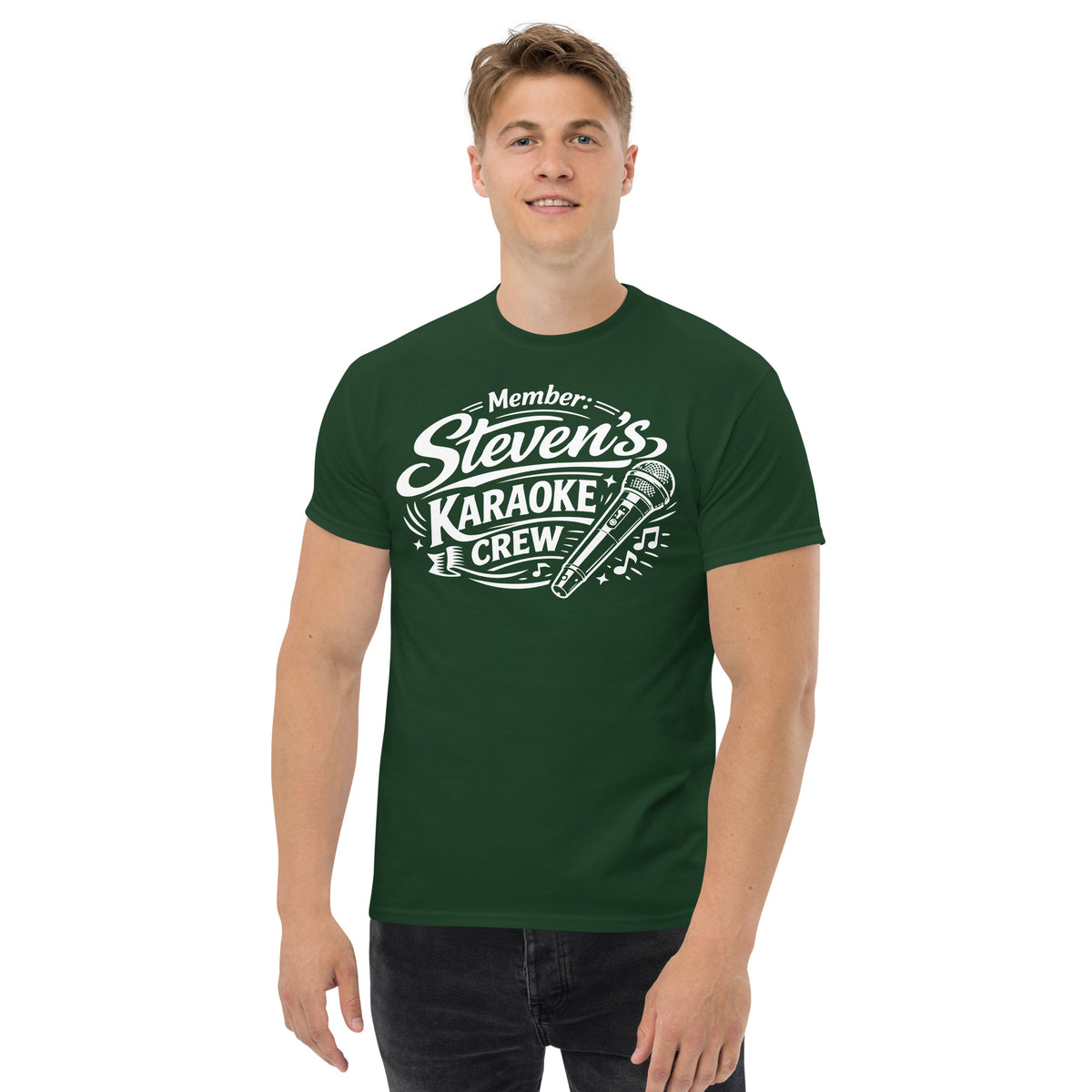 Forest Green classic T-shirt, front view, featuring Steven's Karaoke Crew lettering and microphone graphic.
