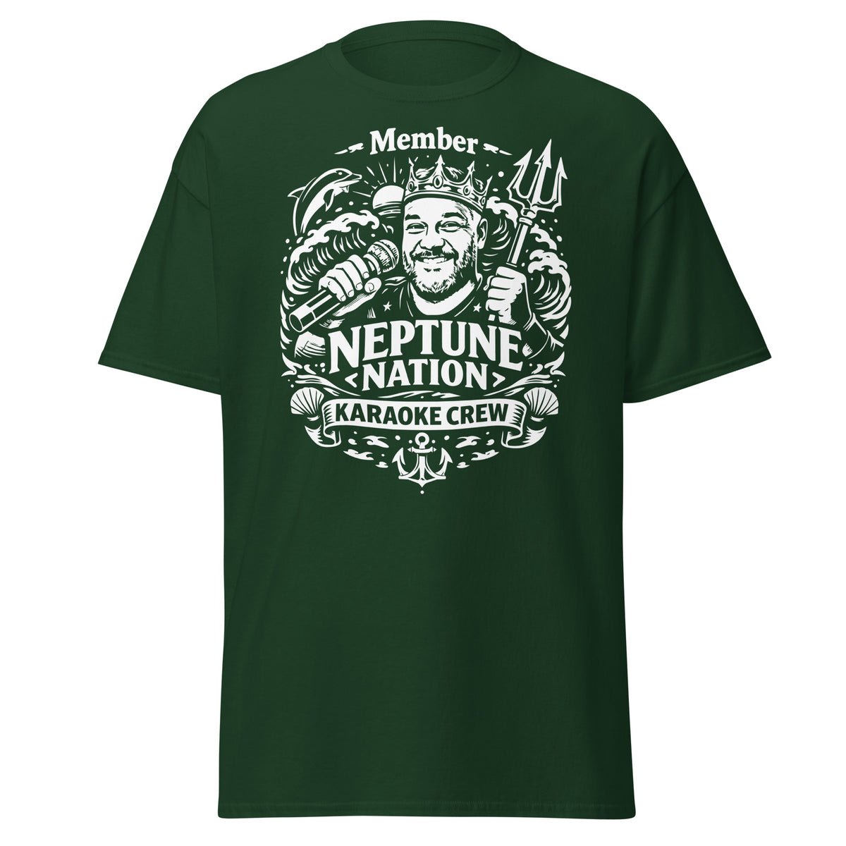 Forest Green classic T-shirt, front view, featuring KJ Neptune's Neptune Nation nautical microphone and trident badge.