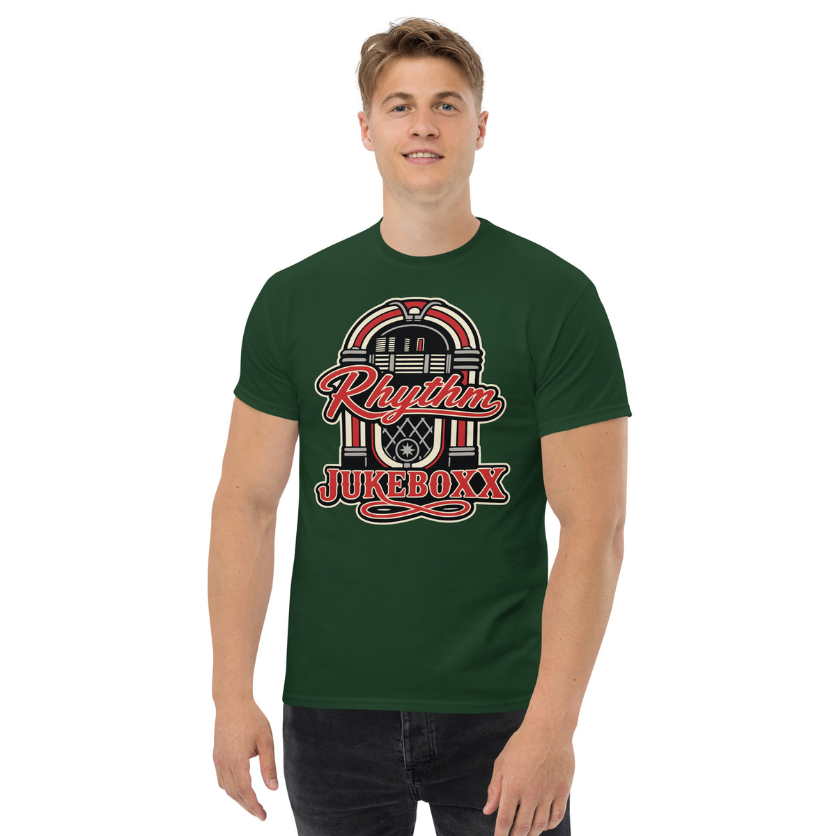 Forest Green classic T-shirt, front view, featuring Rhythm Jukeboxx red-and-cream retro jukebox graphic.