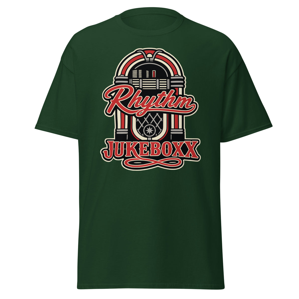 Forest Green classic T-shirt, front view, featuring Rhythm Jukeboxx red-and-cream retro jukebox graphic.