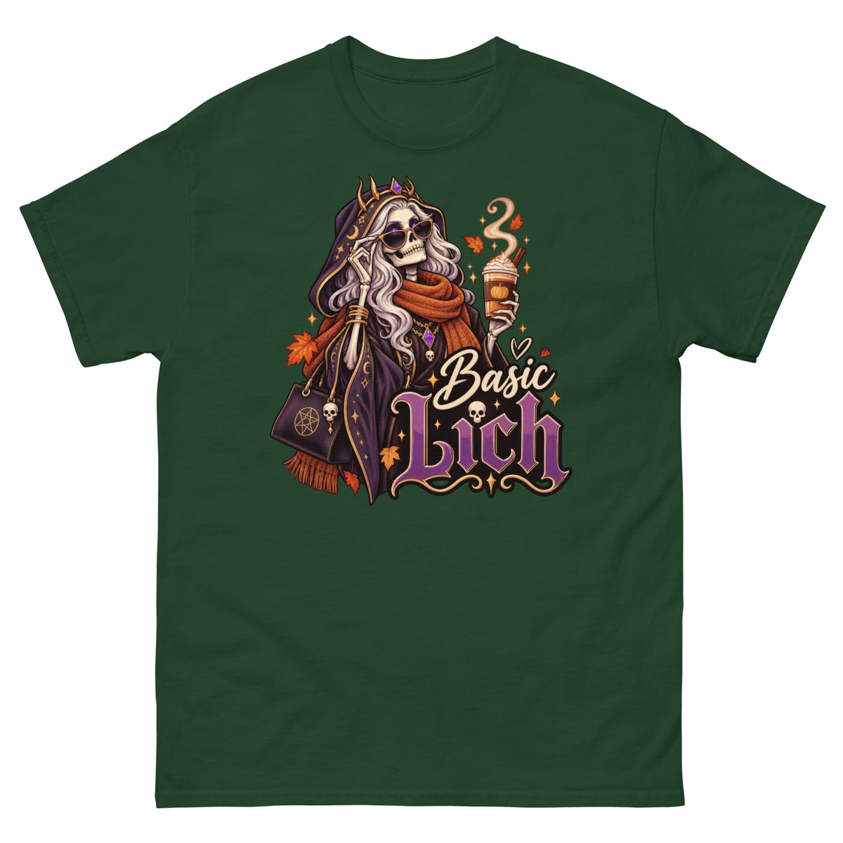 Forest Green classic T-shirt, front view, featuring the Basic Lich pumpkin spice skeleton design