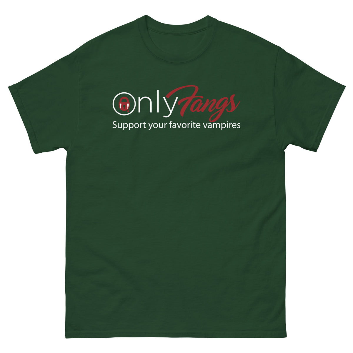 Forest Green classic T-shirt, front view, featuring the OnlyFangs vampire design
