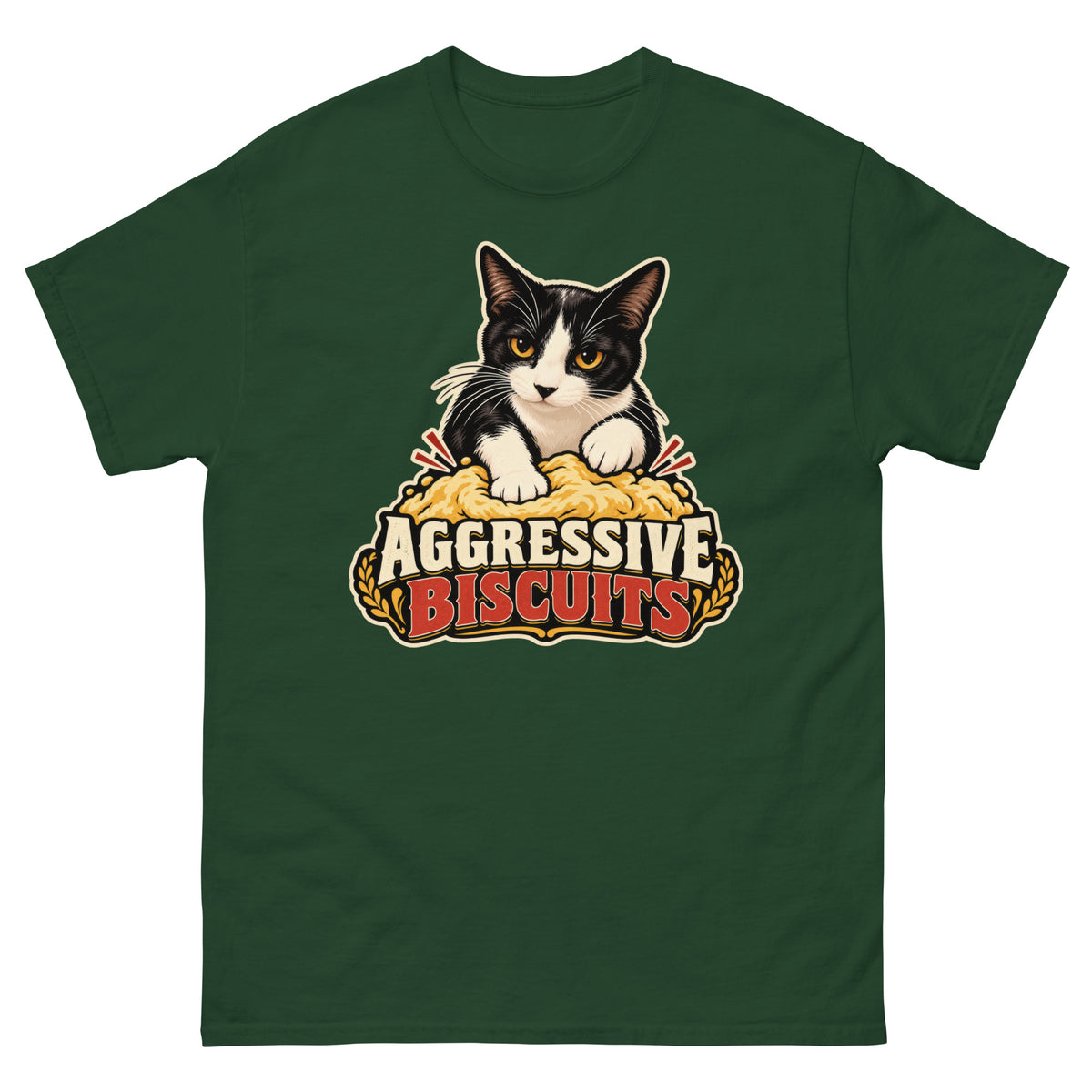 Forest Green classic T-shirt, front view, featuring the Aggressive Biscuits kneading tuxedo cat design