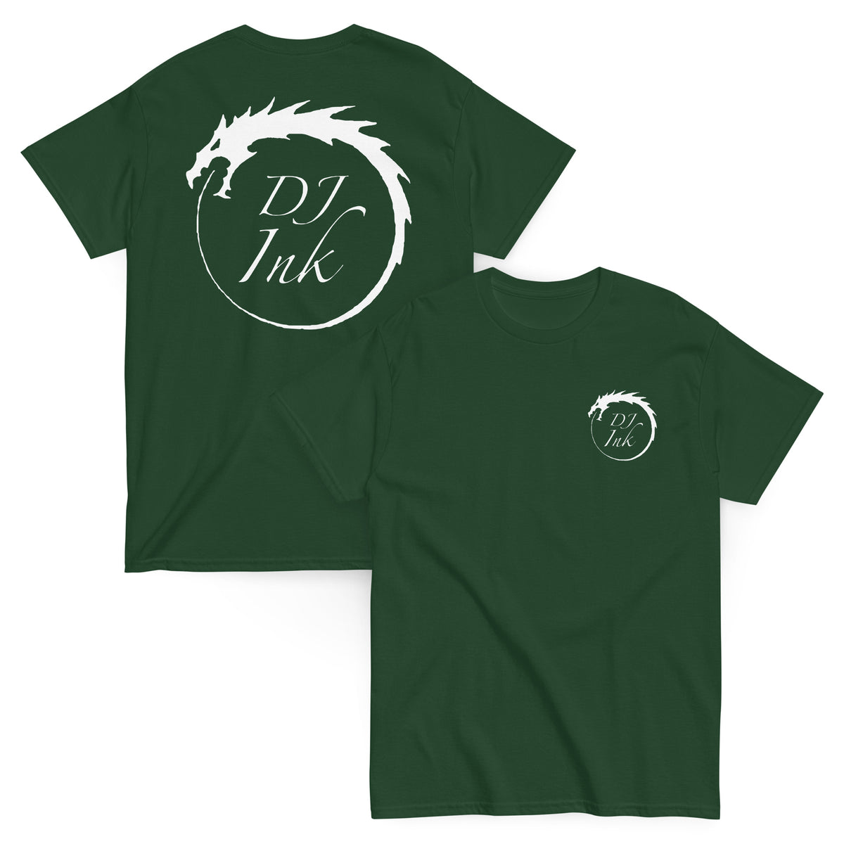 Forest Green classic T-shirt, front and back views, featuring DJ Ink white Ouroboros dragon-circle logo.