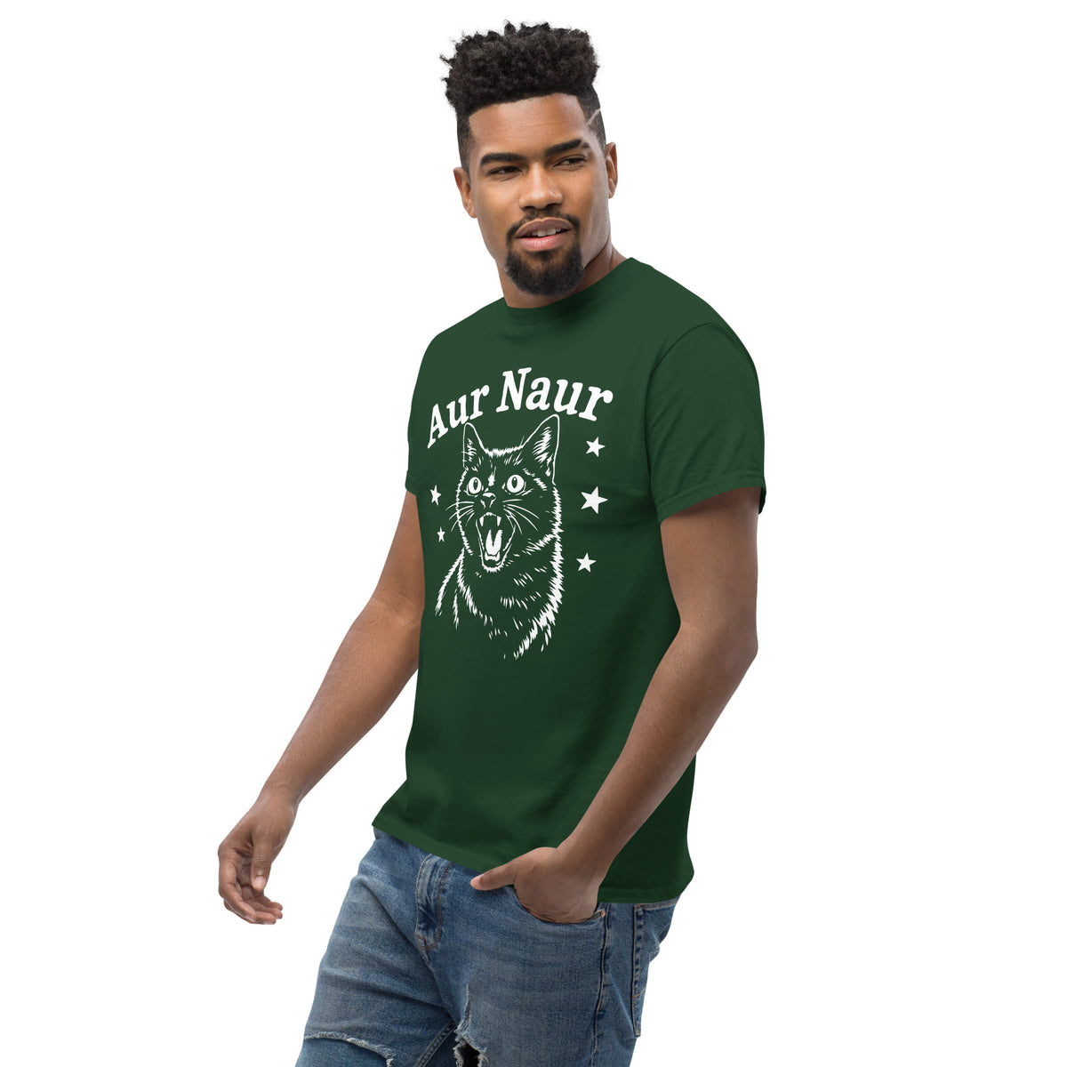 Forest Green classic T-shirt, left-front angled view, featuring Aur Naur white cat portrait and music-themed lettering.