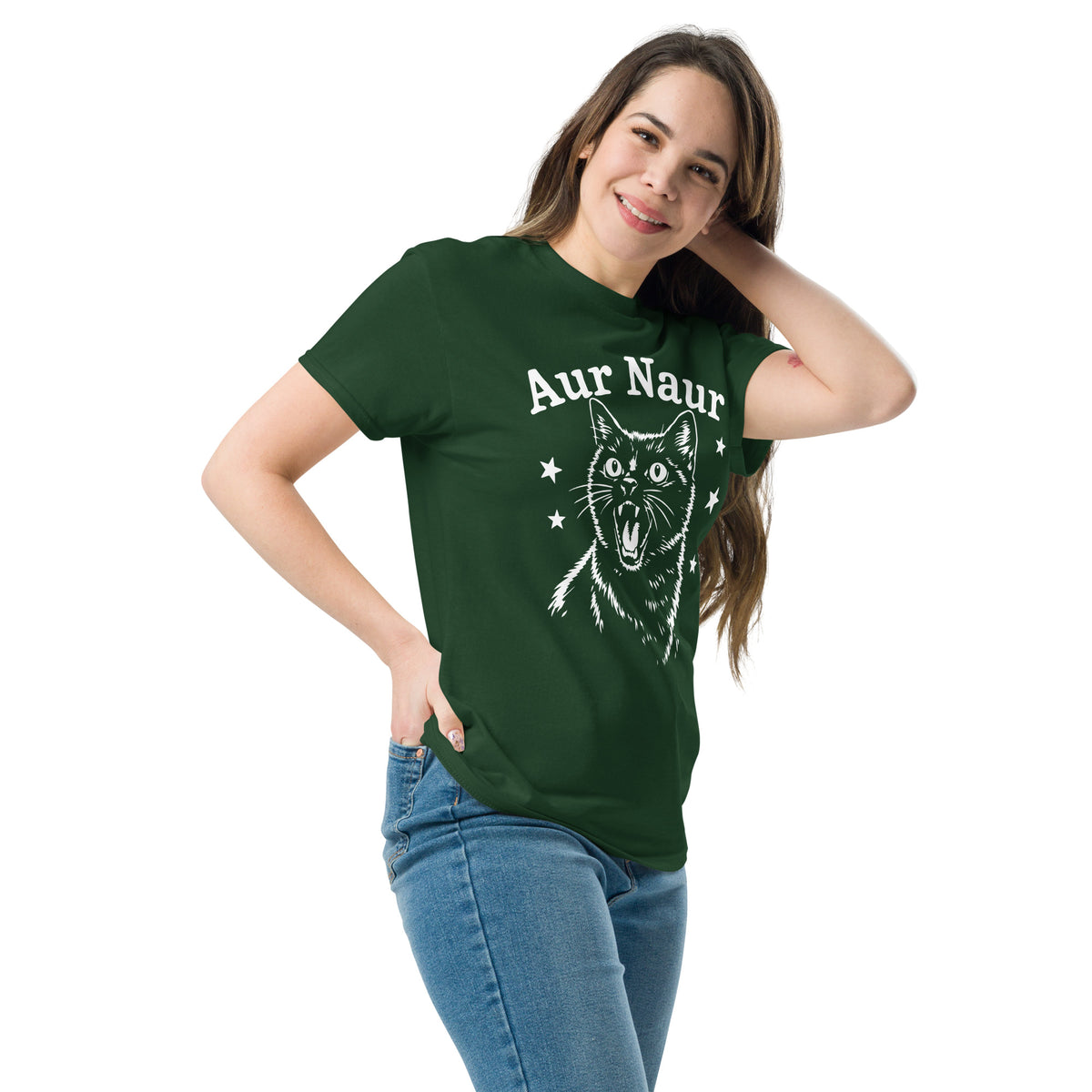 Forest Green classic T-shirt, left-front angled view, featuring Aur Naur white cat portrait and music-themed lettering.