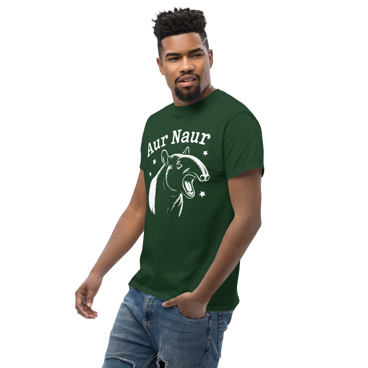 Forest Green classic T-shirt, left-front angled view, featuring Aur Naur white tapir portrait, stars and lettering.