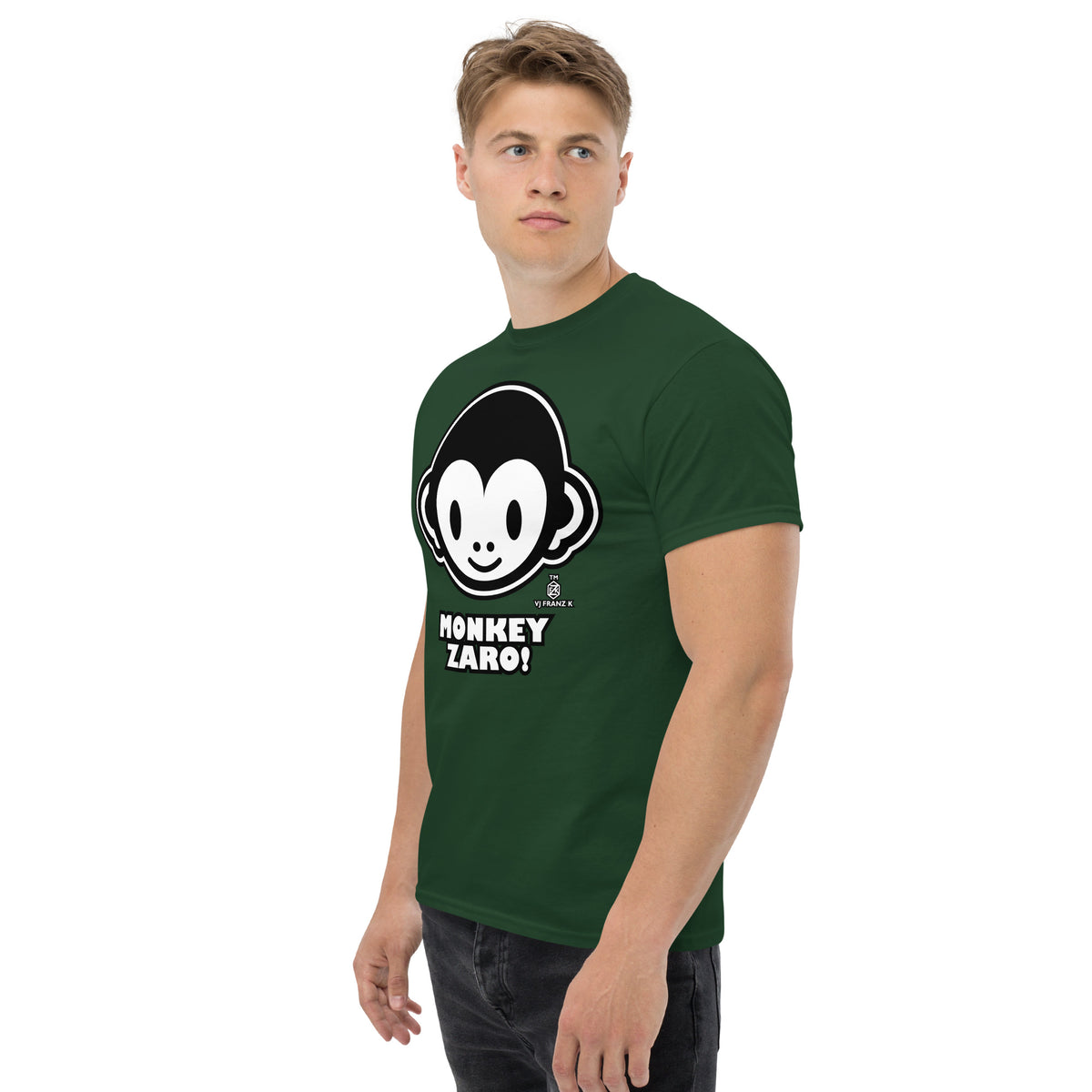 Forest Green classic T-shirt, left-front angled view, featuring Monkey Zaro! white cartoon monkey face and lettering.
