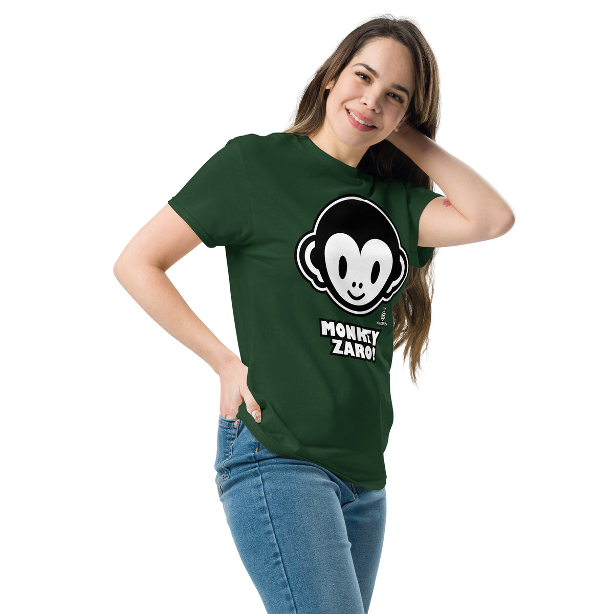 Forest Green classic T-shirt, left-front angled view, featuring Monkey Zaro! white cartoon monkey face and lettering.