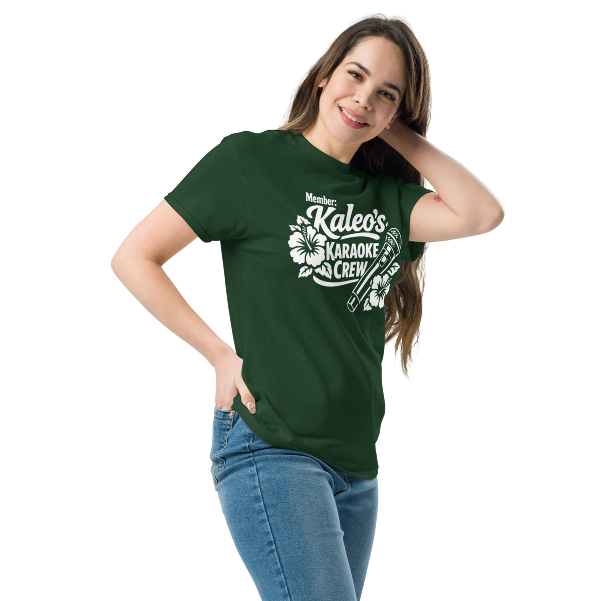 Forest Green classic T-shirt, left-front angled view, featuring Kaleo's Karaoke Crew lettering, microphone, and hibiscus flowers.