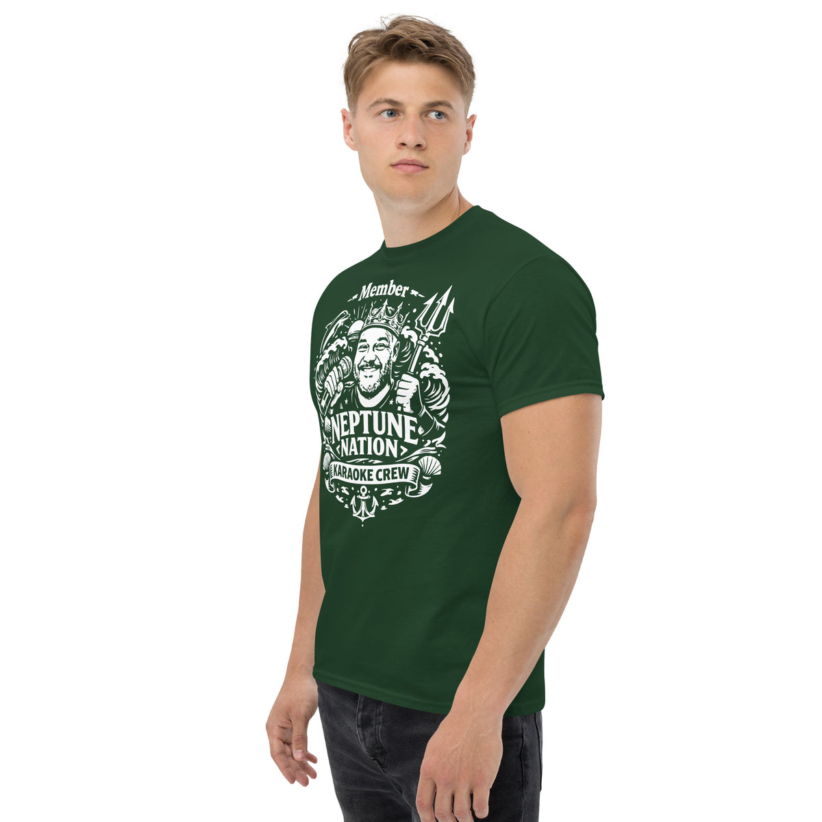 Forest Green classic T-shirt, left-front angled view, featuring KJ Neptune's Neptune Nation nautical microphone and trident badge.