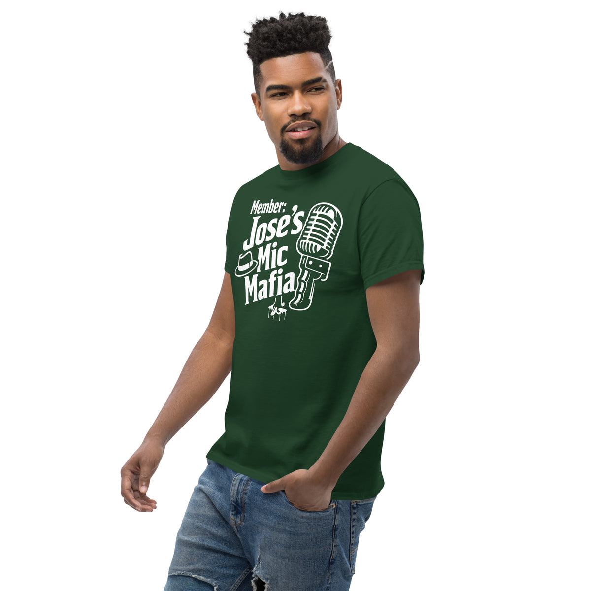 Forest Green classic T-shirt, left-front angled view, featuring Jose's Mic Mafia microphone and fedora design.