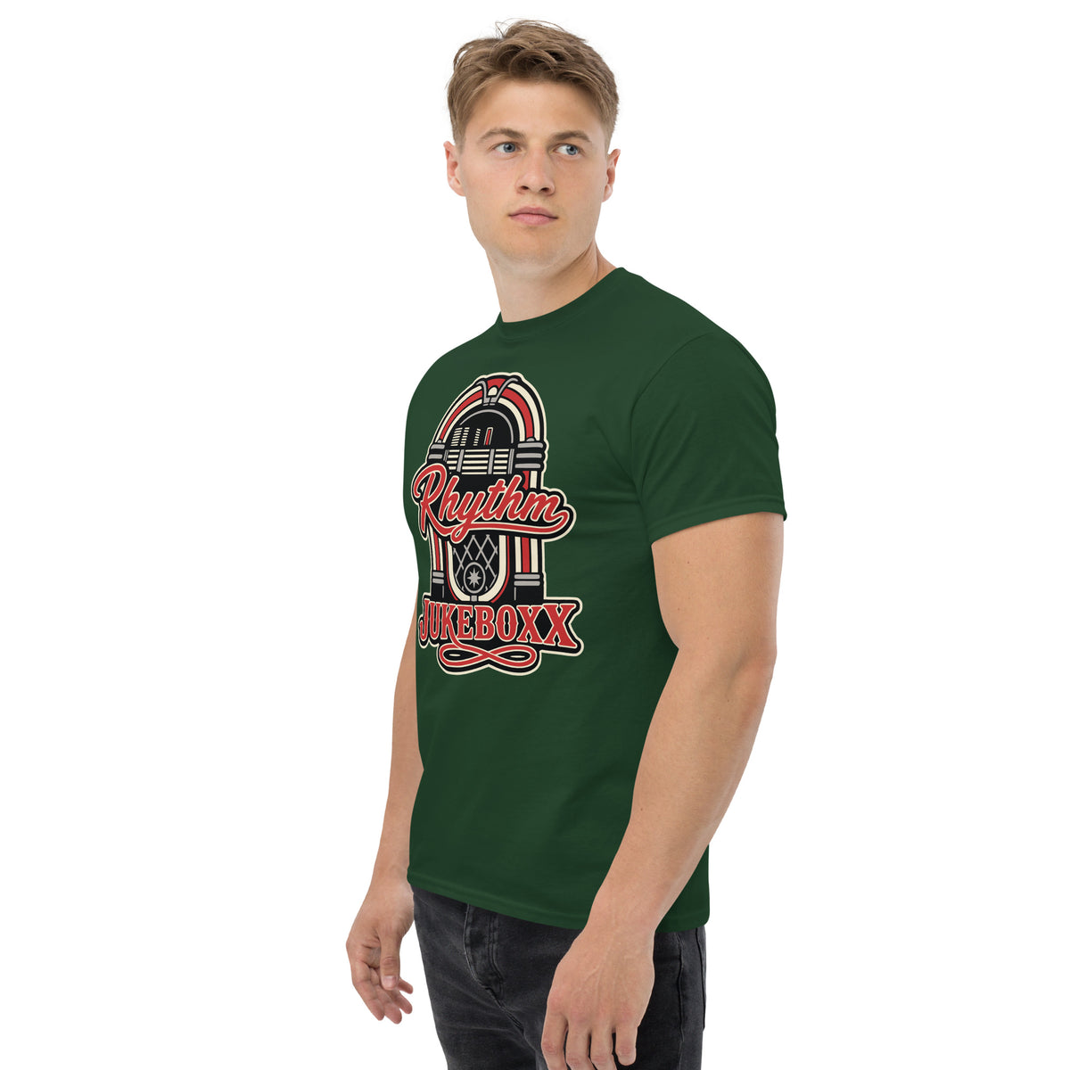 Forest Green classic T-shirt, left-front angled view, featuring Rhythm Jukeboxx red-and-cream retro jukebox graphic.
