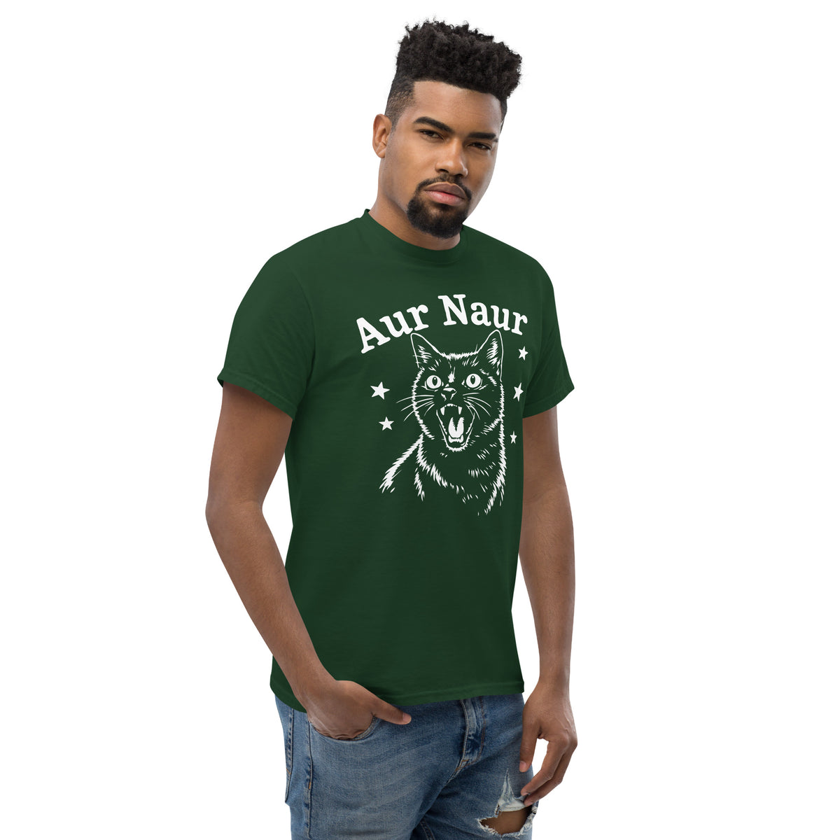 Forest Green classic T-shirt, right-front angled view, featuring Aur Naur white cat portrait and music-themed lettering.
