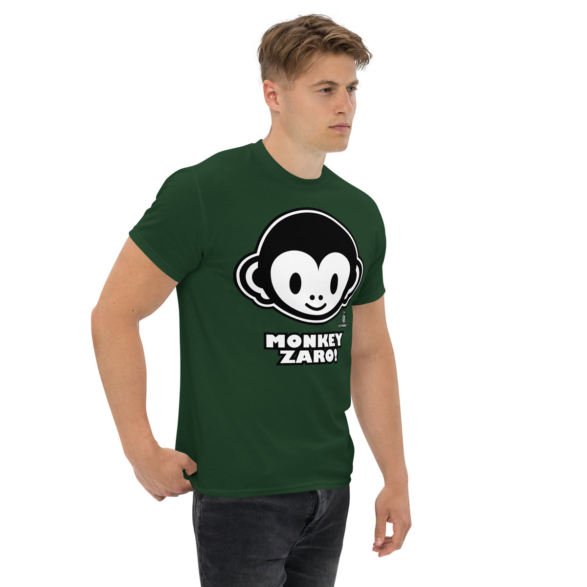 Forest Green classic T-shirt, right-front angled view, featuring Monkey Zaro! white cartoon monkey face and lettering.