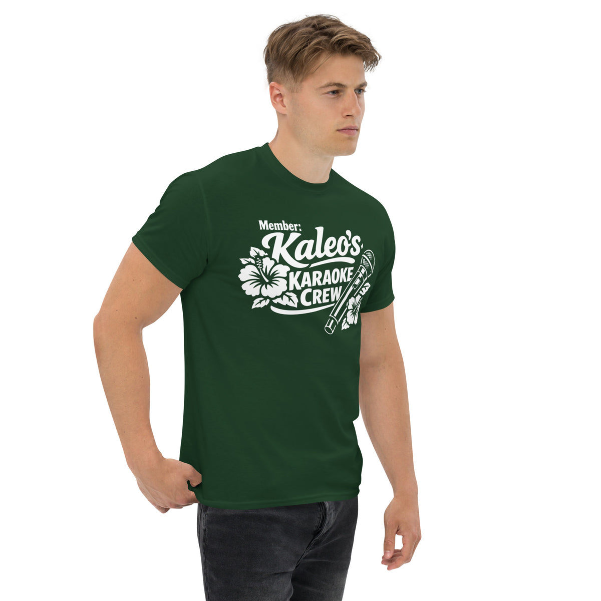 Forest Green classic T-shirt, right-front angled view, featuring Kaleo's Karaoke Crew lettering, microphone, and hibiscus flowers.