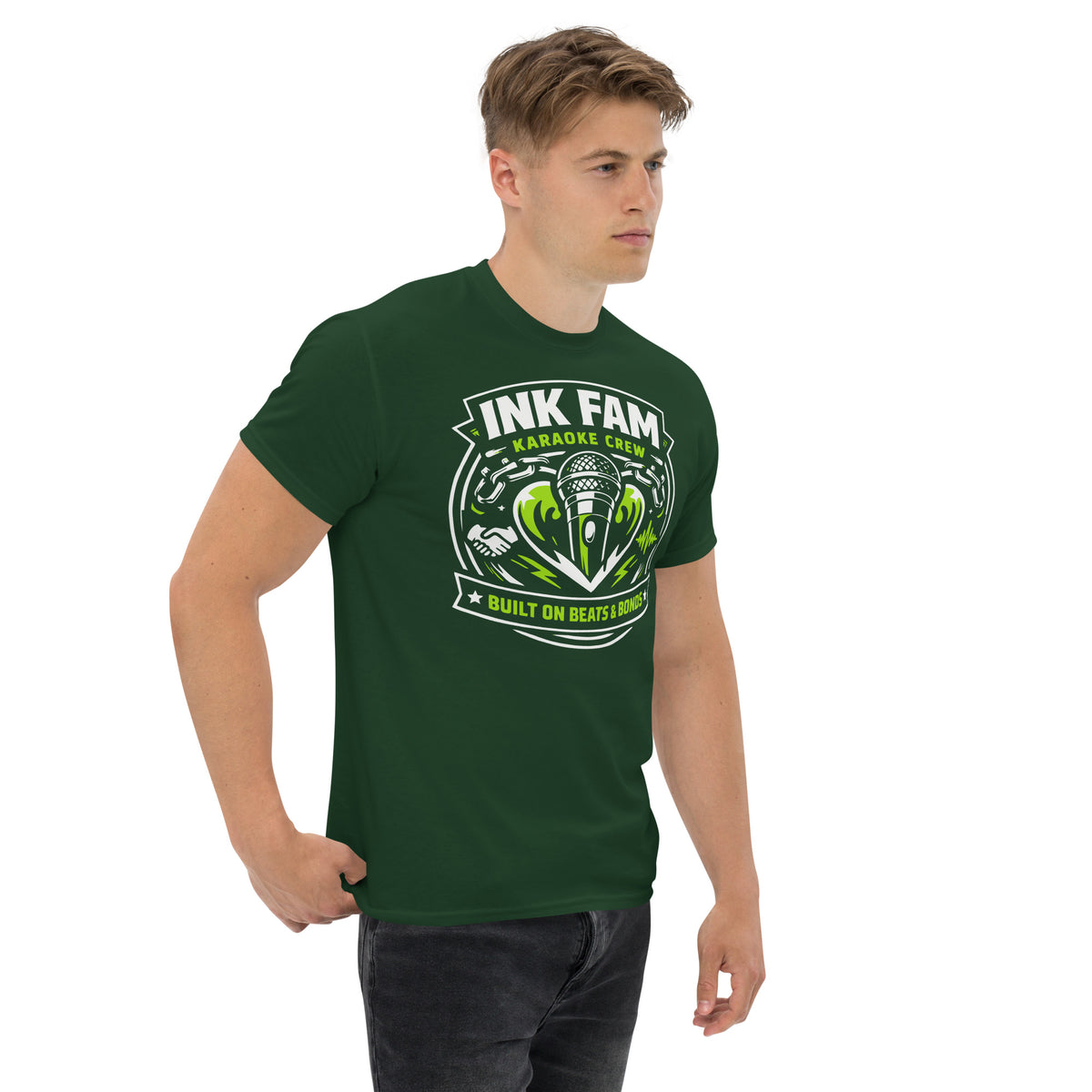 Forest Green classic T-shirt, right-front angled view, featuring DJ Ink Beats & Bonds shield with a microphone and green-and-white lettering.