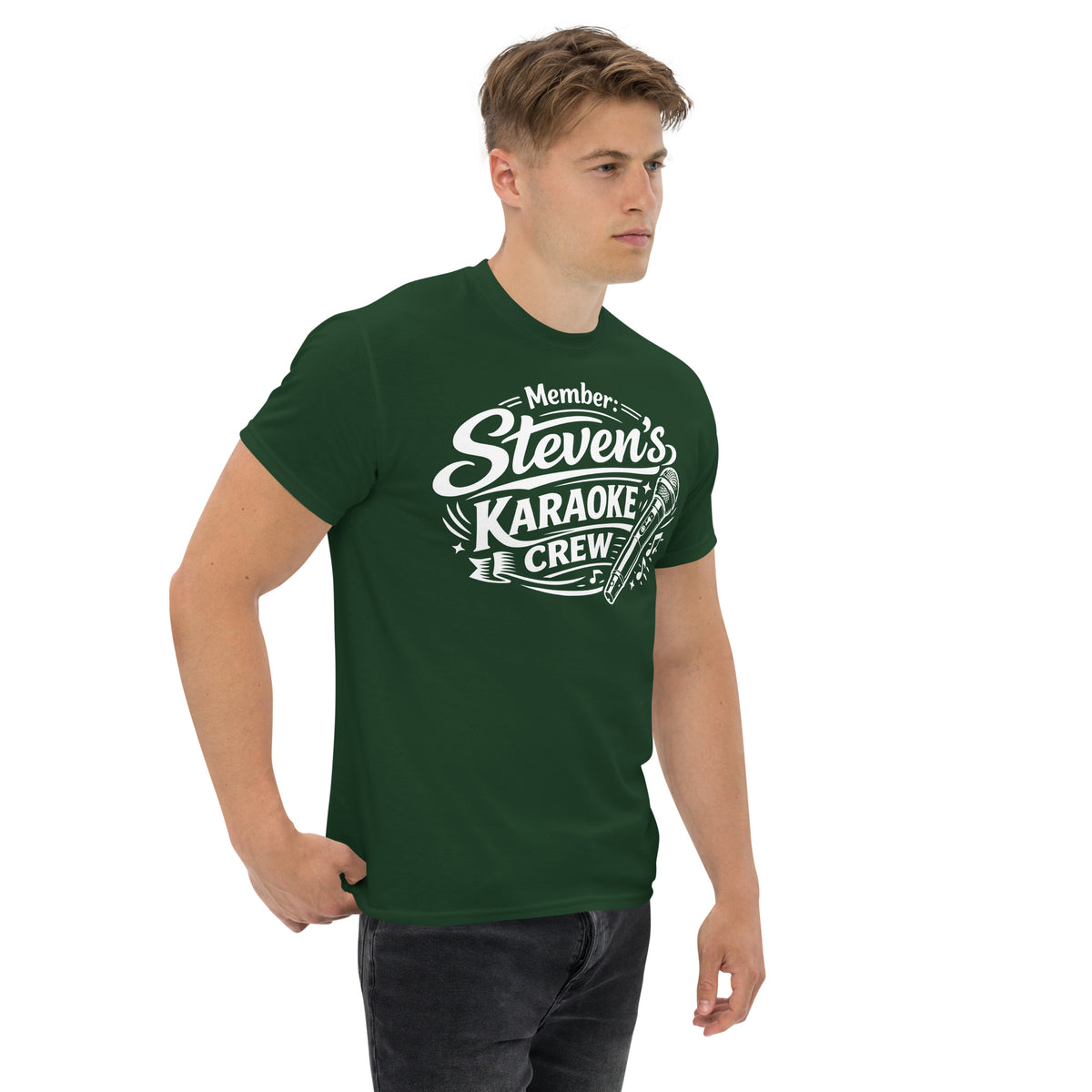 Forest Green classic T-shirt, right-front angled view, featuring Steven's Karaoke Crew lettering and microphone graphic.