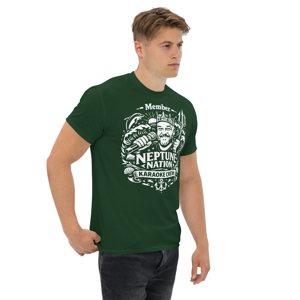 Forest Green classic T-shirt, right-front angled view, featuring KJ Neptune's Neptune Nation nautical microphone and trident badge.