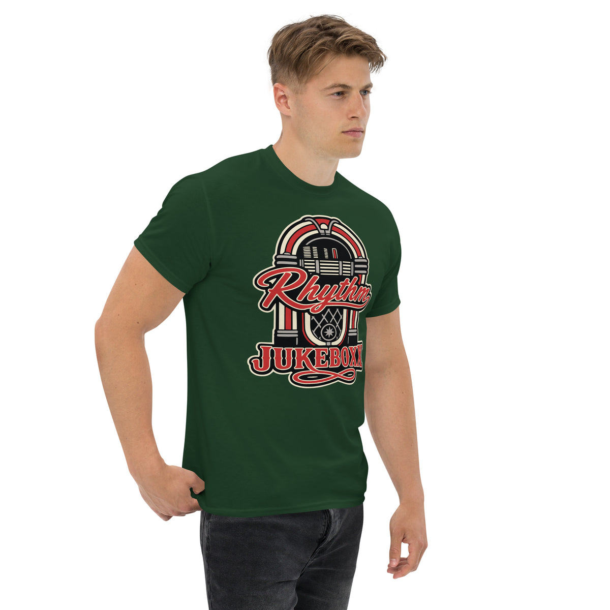 Forest Green classic T-shirt, right-front angled view, featuring Rhythm Jukeboxx red-and-cream retro jukebox graphic.