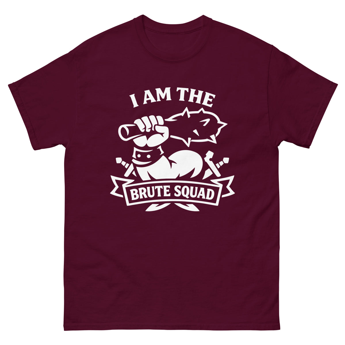 Maroon classic T-shirt, front view, featuring the Brute Squad Classic Emblem classic tee design