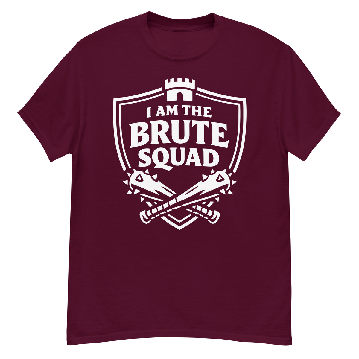 Maroon classic T-shirt, front view, featuring the Brute Squad Elite Badge classic tee design