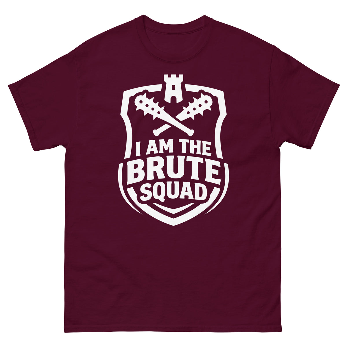 Maroon classic T-shirt, front view, featuring the Brute Squad Heavy Hitter classic tee design