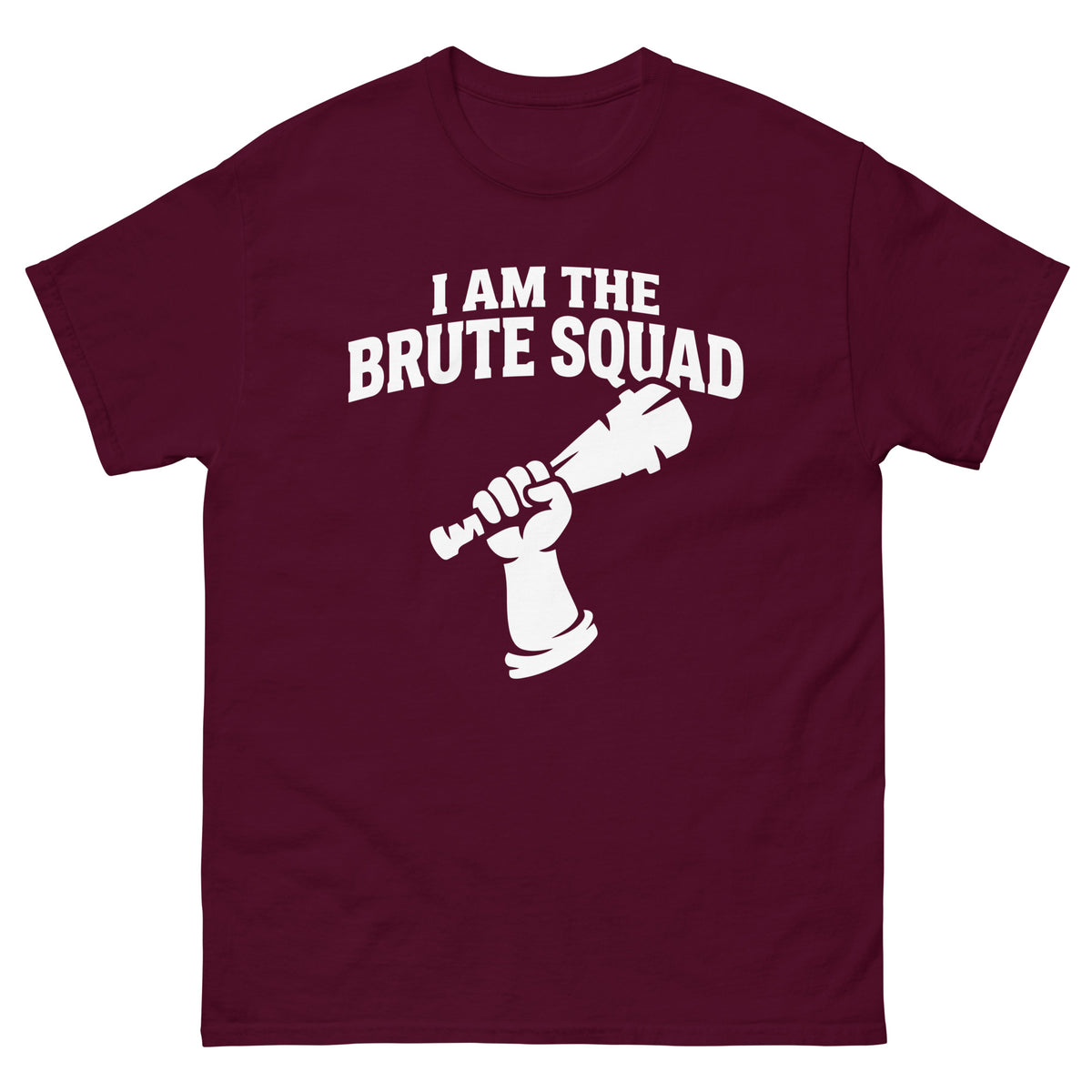 Maroon classic T-shirt, front view, featuring the Brute Squad Royal Enforcer classic tee design