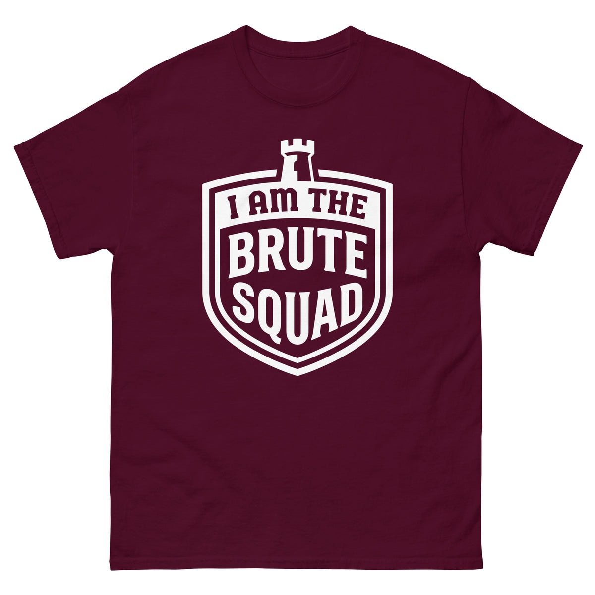 Maroon classic T-shirt, front view, featuring the Brute Squad Arena Champion classic tee design
